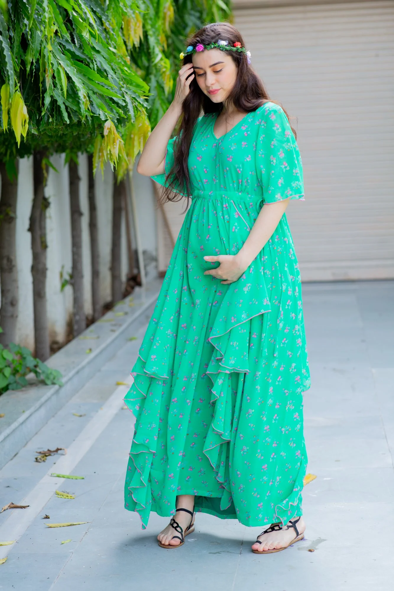 Emerald Floral Maternity Flow Dress - Chenance