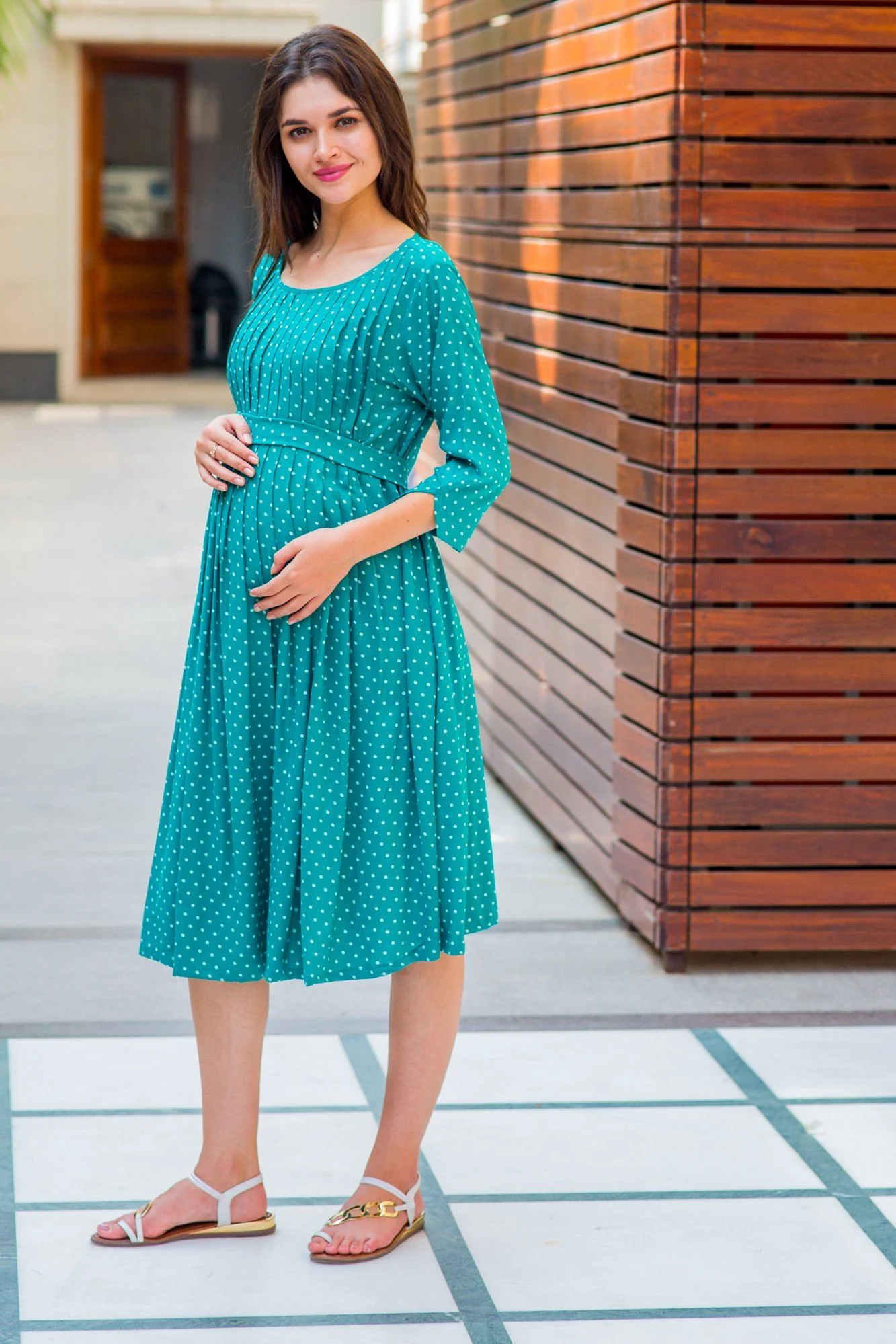 Emerald Polka Pintucks Nursing Kurta Dress - Chenance