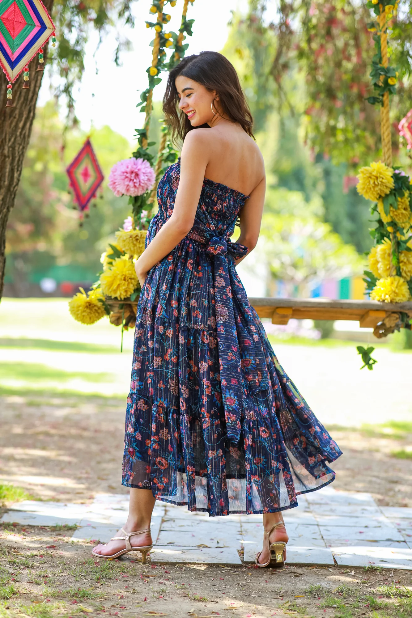 Midnight Chiffon Floral Maternity Off-Shoulder Frill Dress - Chenance