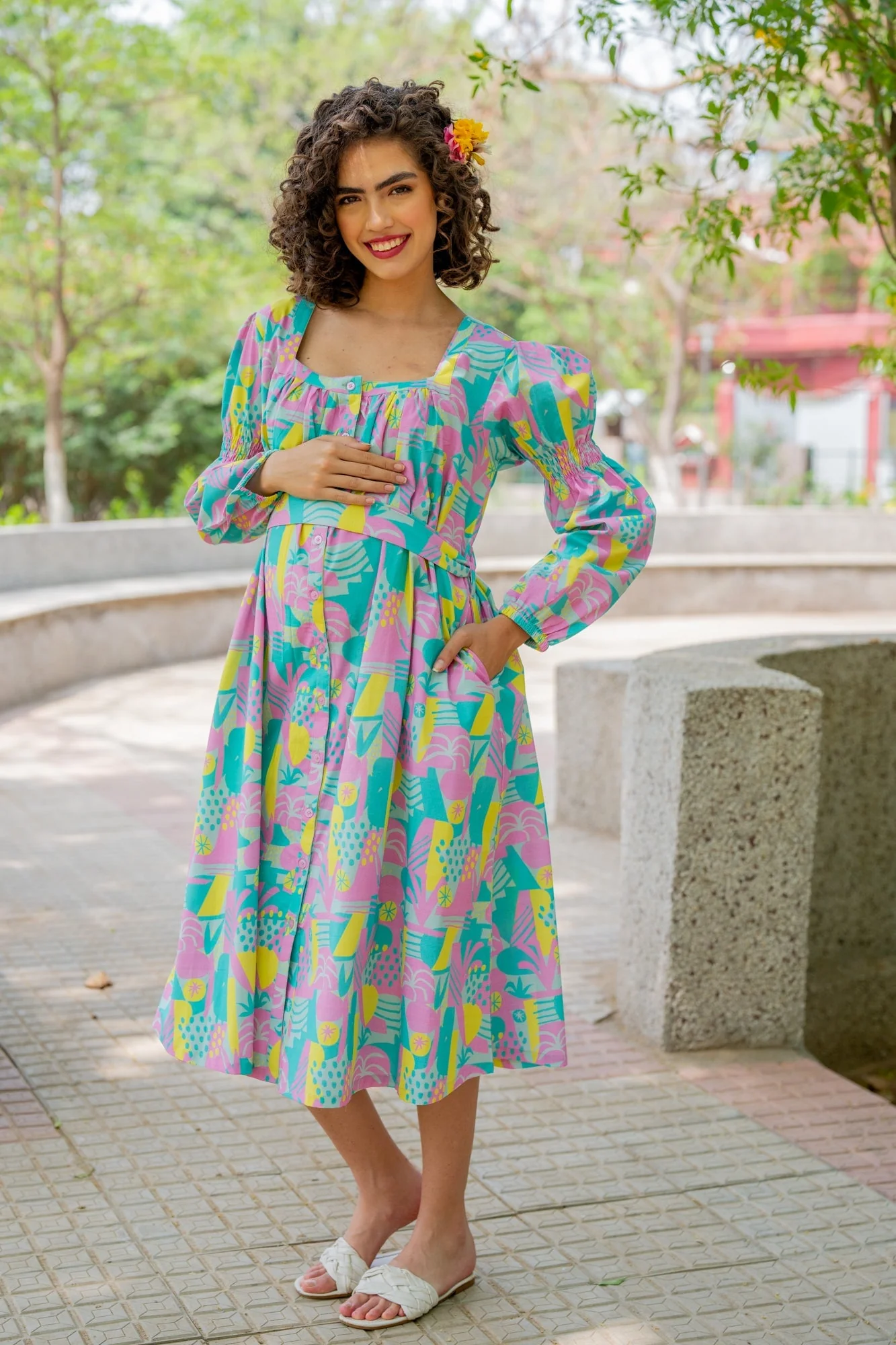 Dusty Blue Yellow Abstract Maternity & Nursing Dress (100% Cotton) - Chenance