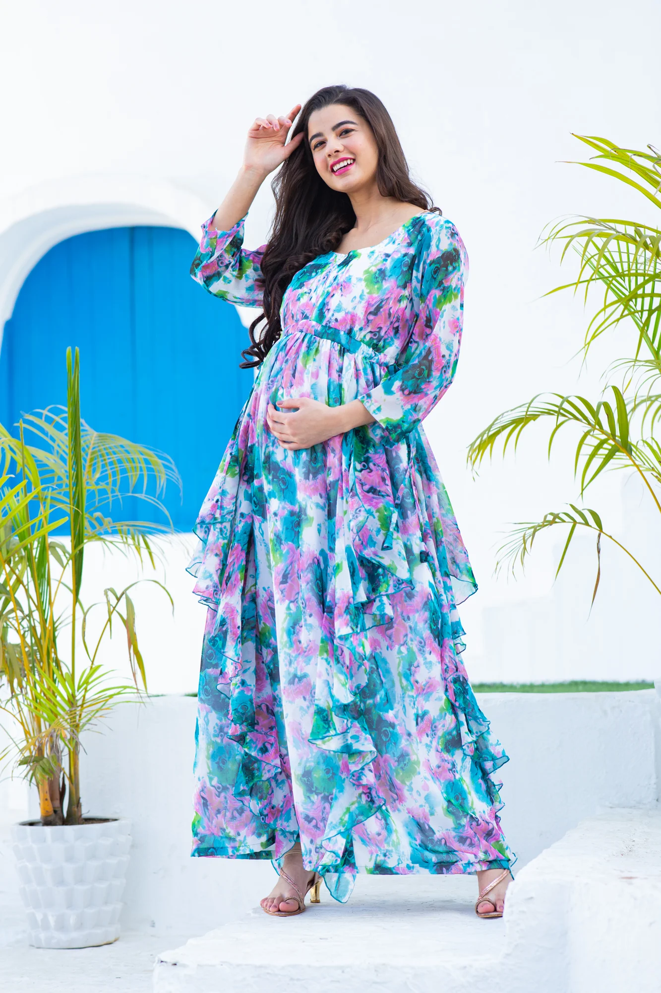 Luxe Vibrant Cascading Floral Maternity & Nursing Flow Dress - Chenance