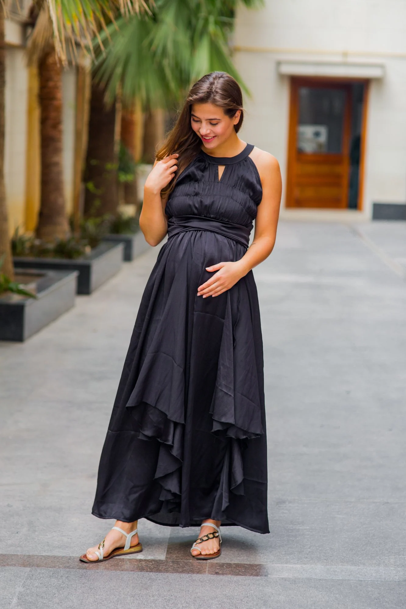 Luxe Noir Ruching Maternity Flow Dress - Chenance