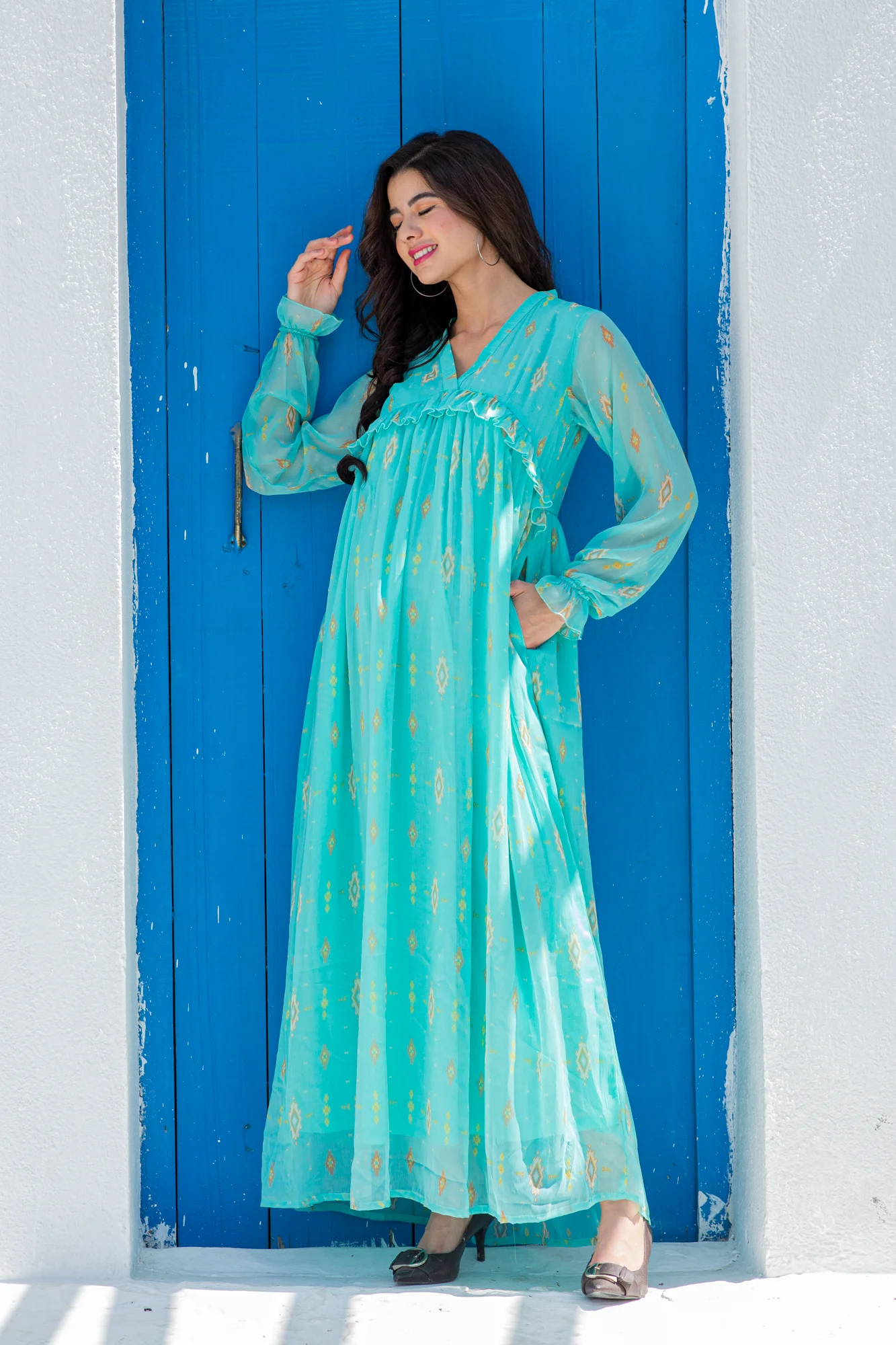 Peacock Blue Maternity Frill Pocket Dress - Chenance