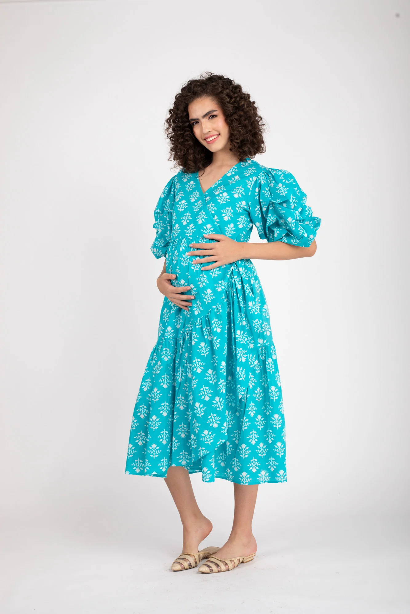 Love Iris Blue Maternity & Nursing Frill Wrap Dress (100% Cotton) - Chenance