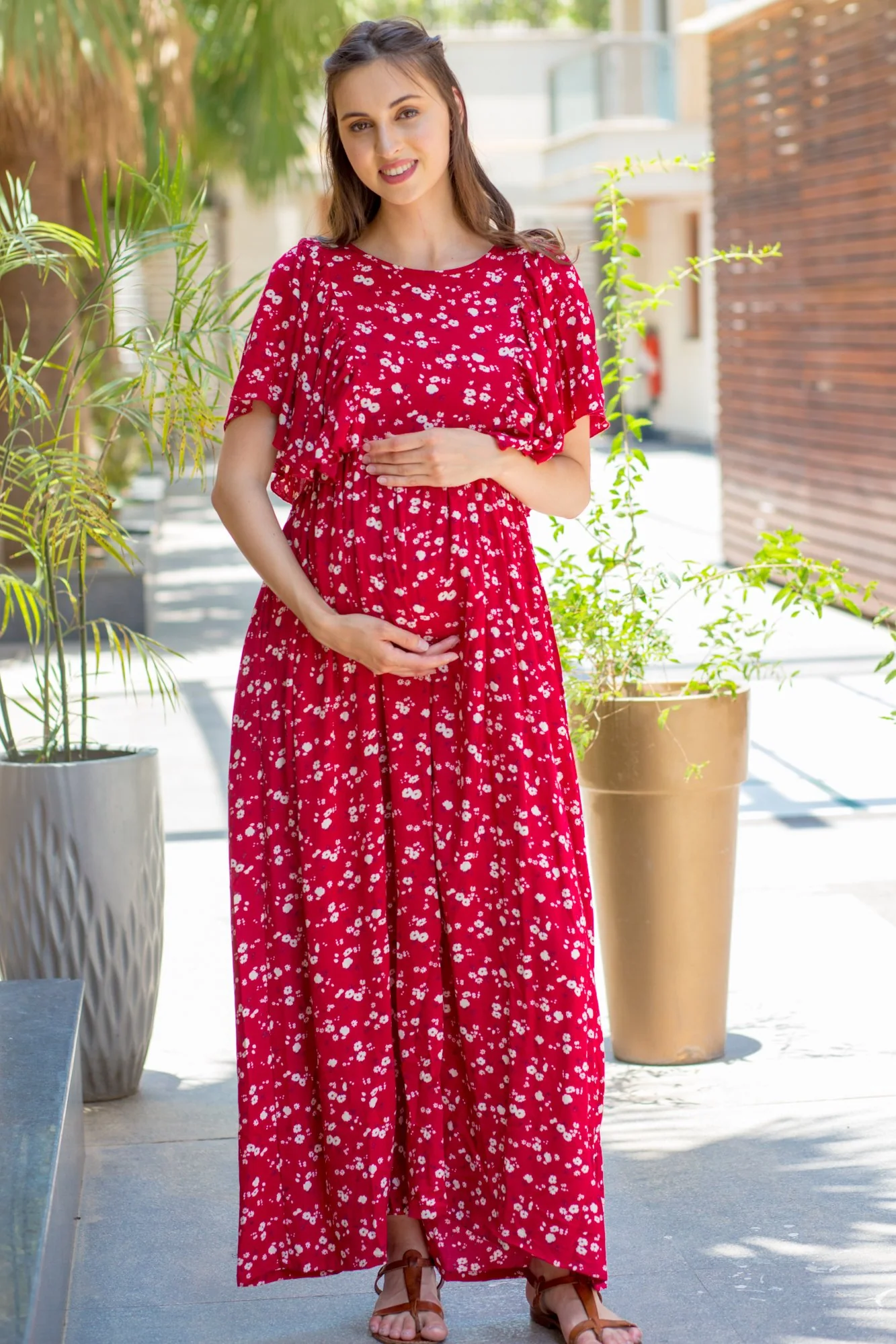 Persian Berry Floral Maternity & Nursing Flap Dress - Chenance