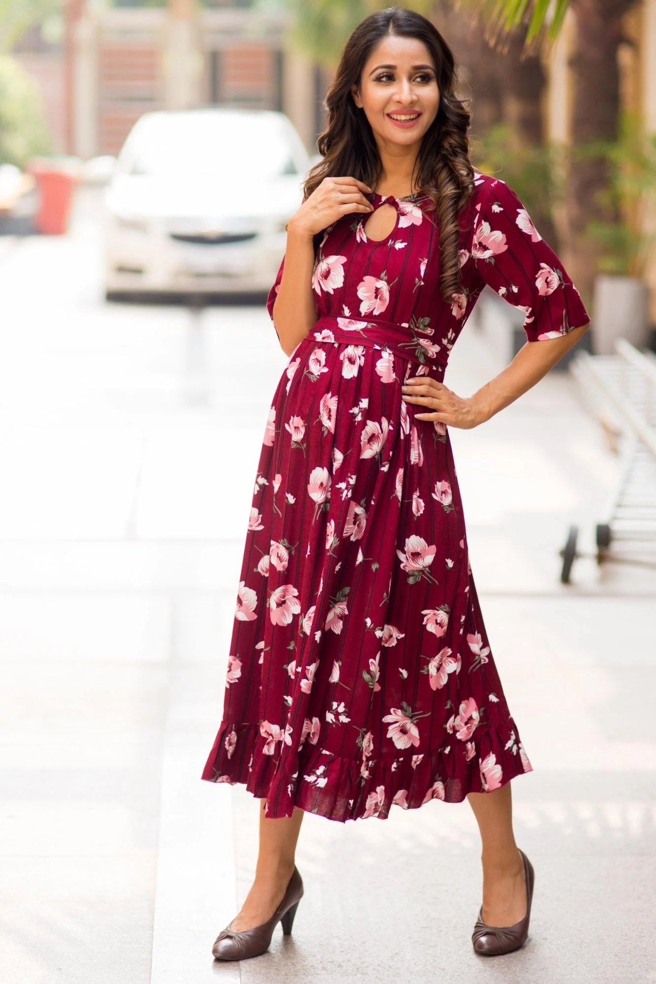 Burgandy Floral Striped Frill Concealed Zips Maternity & Nursing Dress - Chenance