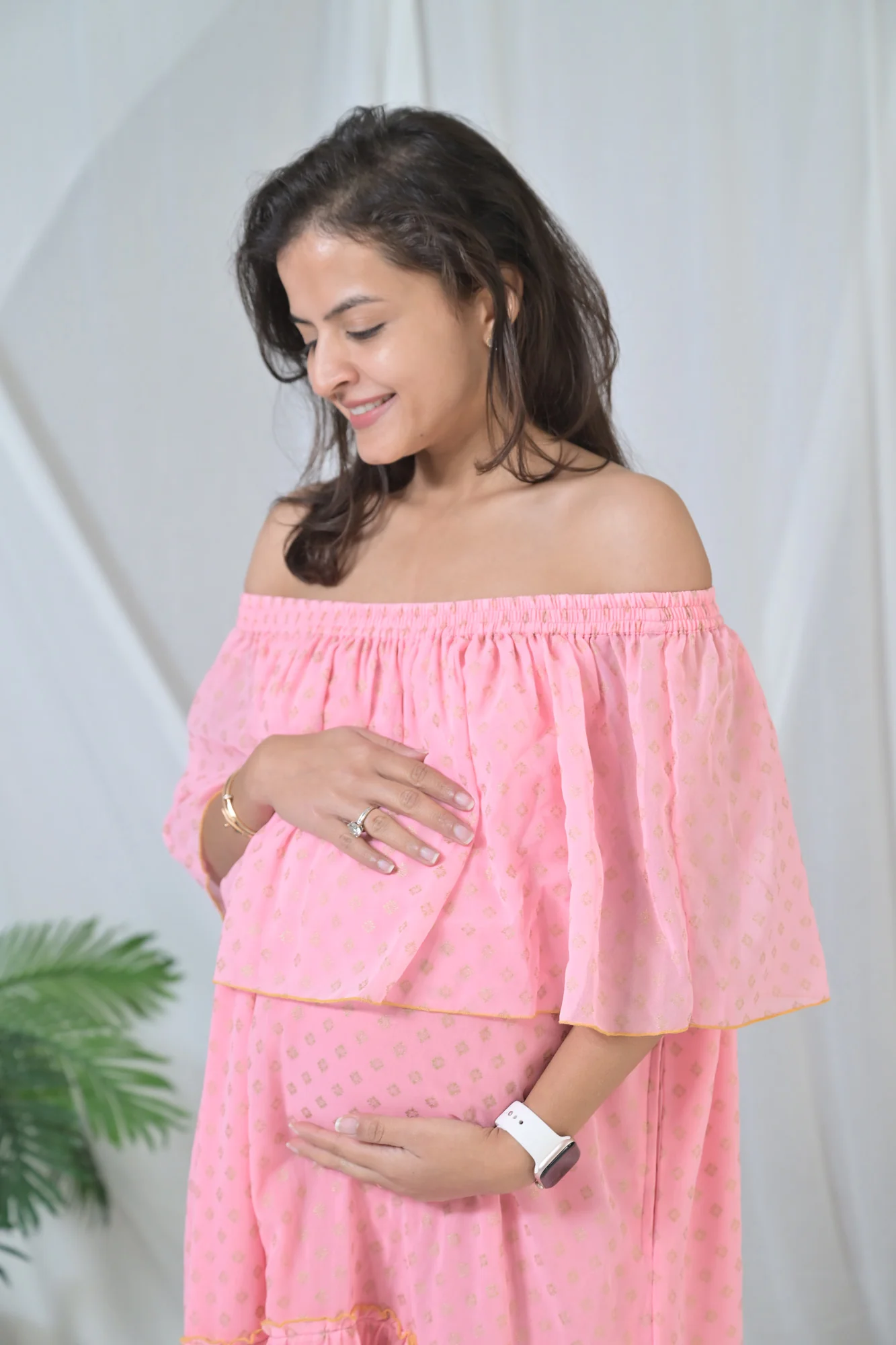 Elegant Peach Love Off-Shoulder Maternity Maxi Dress - Chenance