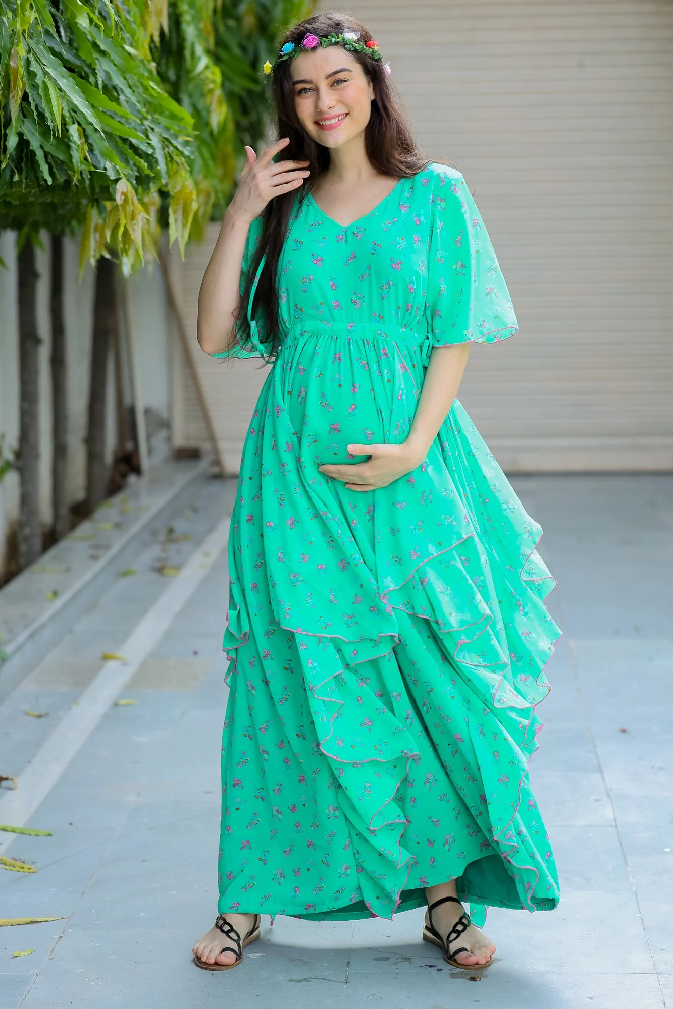 Emerald Floral Maternity Flow Dress - Chenance