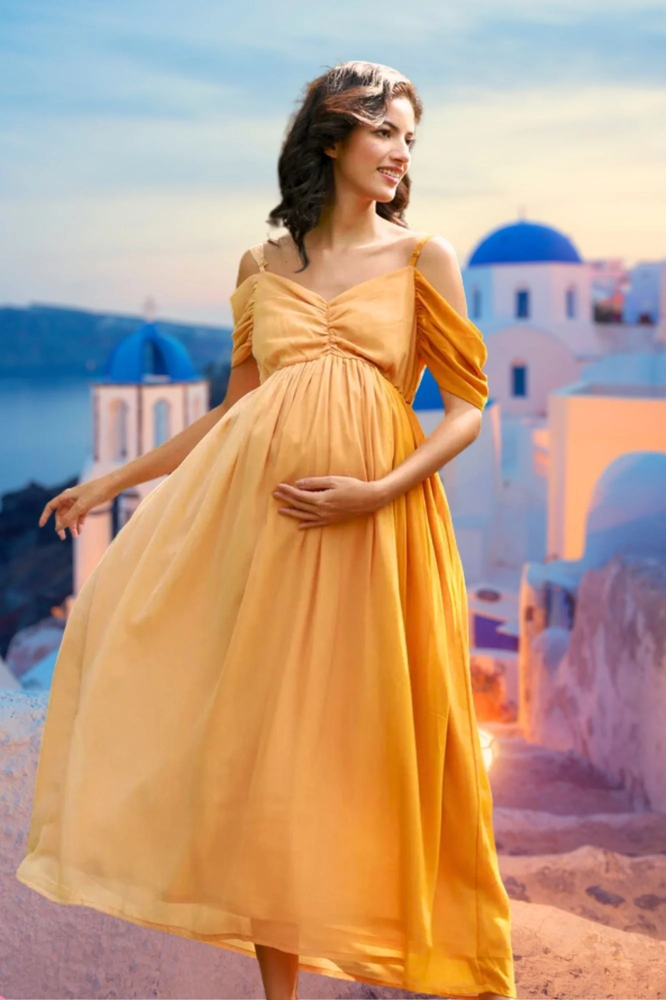 Luxe Appealing Golden Off-Shoulder Maternity Photoshoot Gown - Chenance