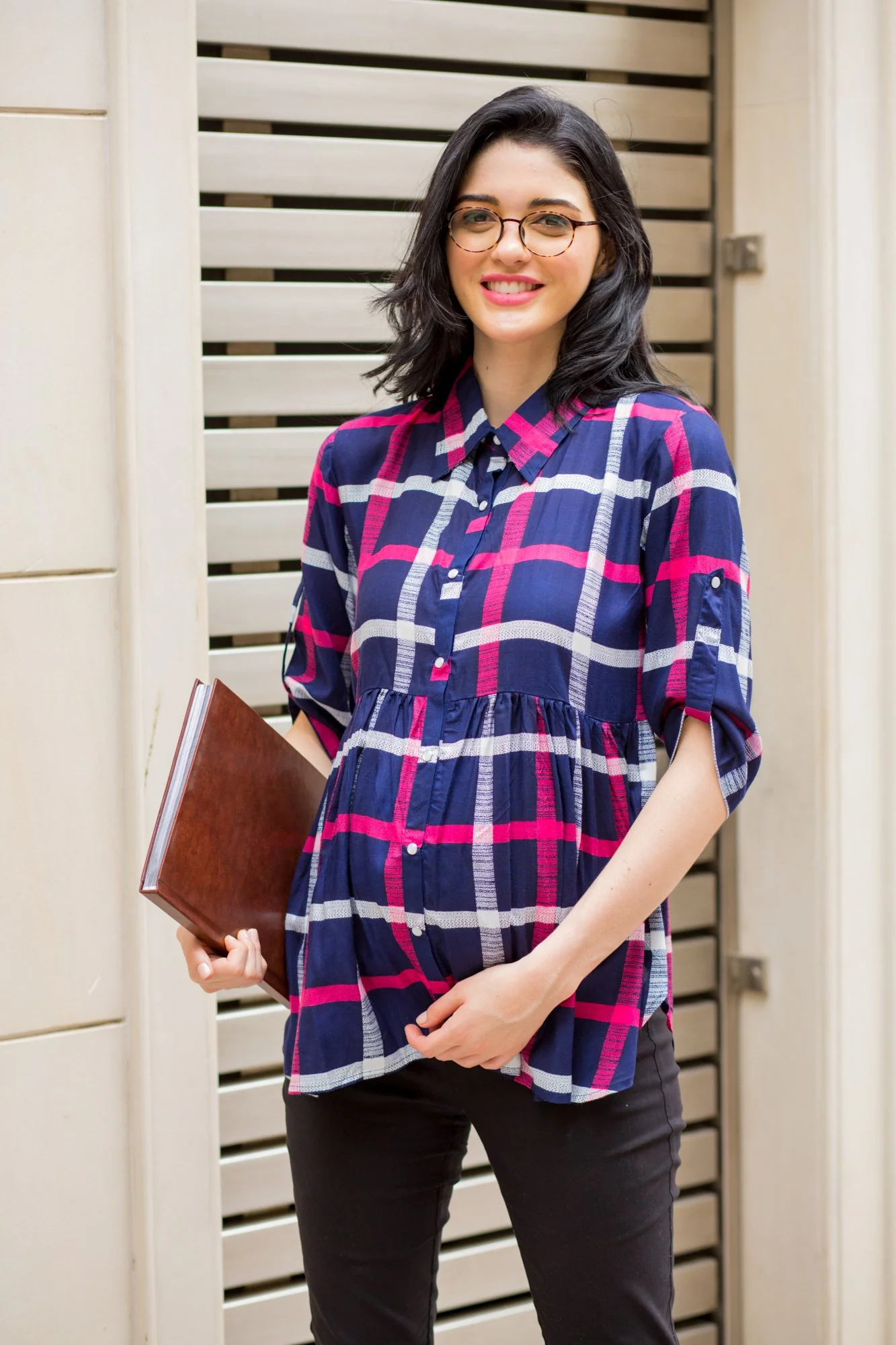 Navy Pink Gathered Viscose Maternity & Nursing Shirt - Chenance