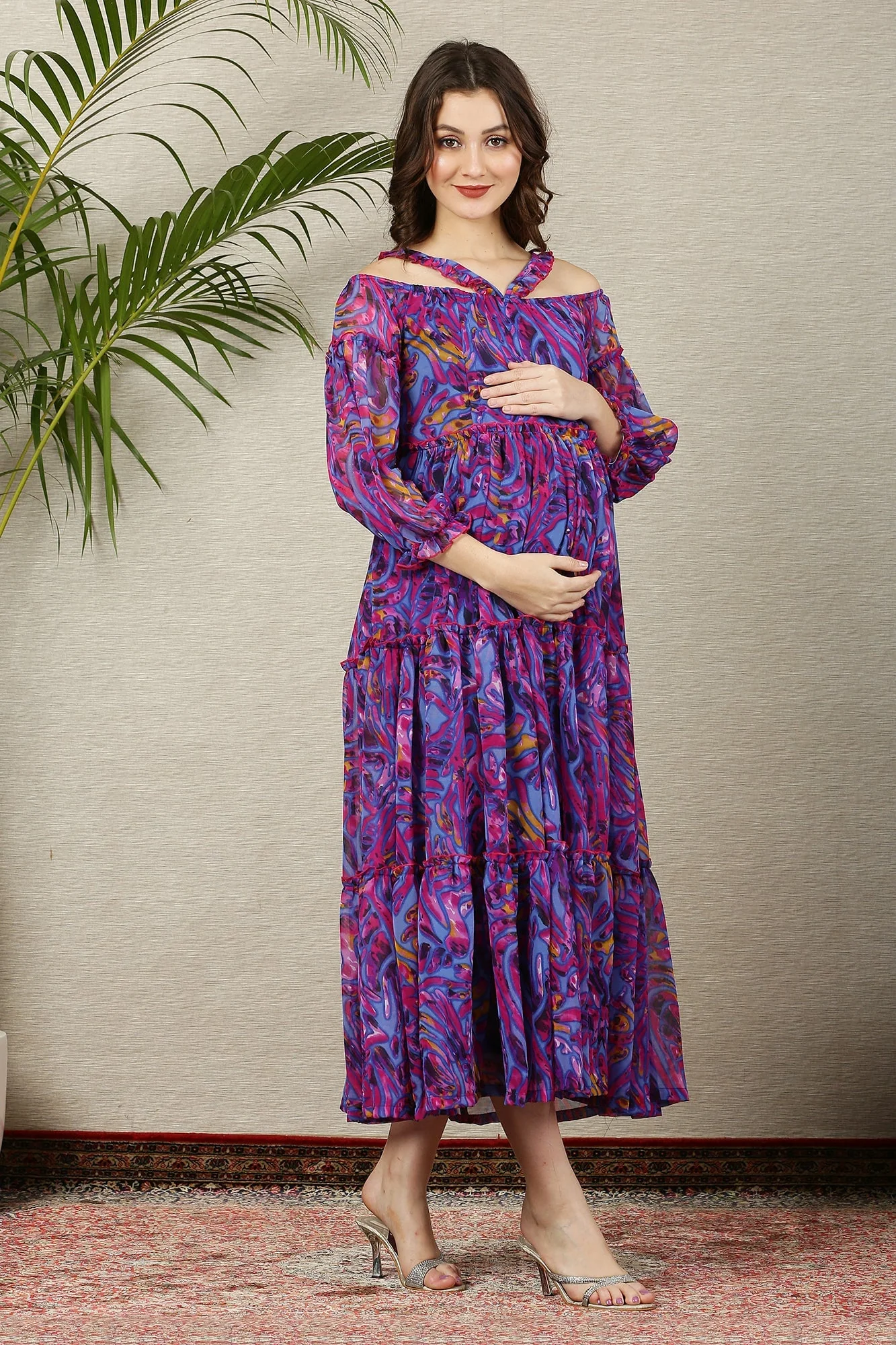Petite Purple Wave Chiffon Halter Maternity & Nursing Frill Dress - Chenance