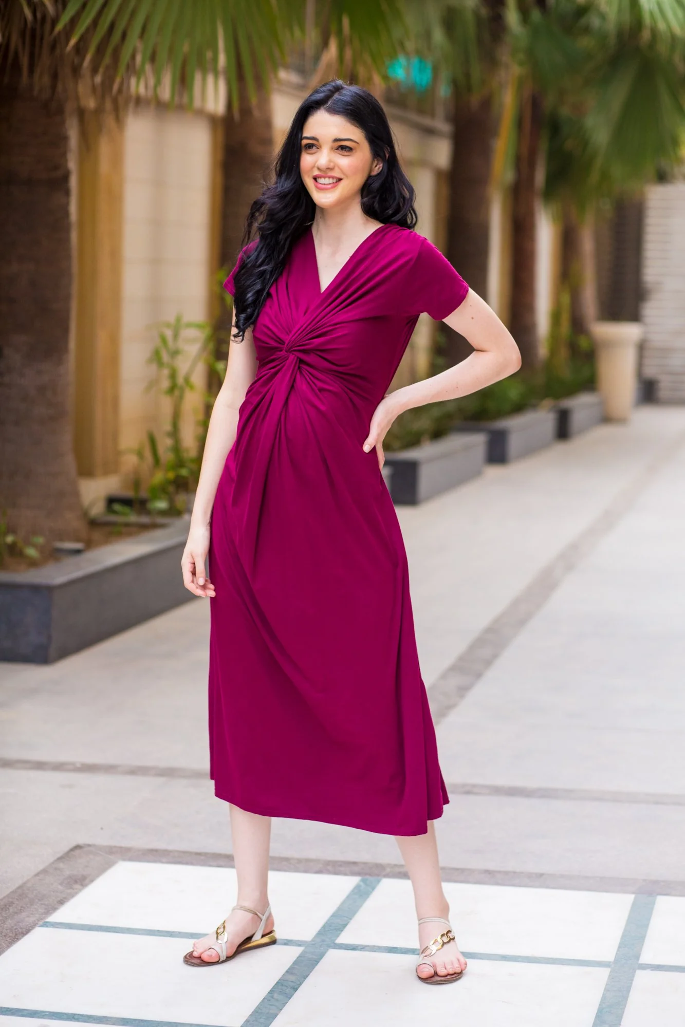 Maroon Berry Front Knot Lycra Maternity Dress - Chenance