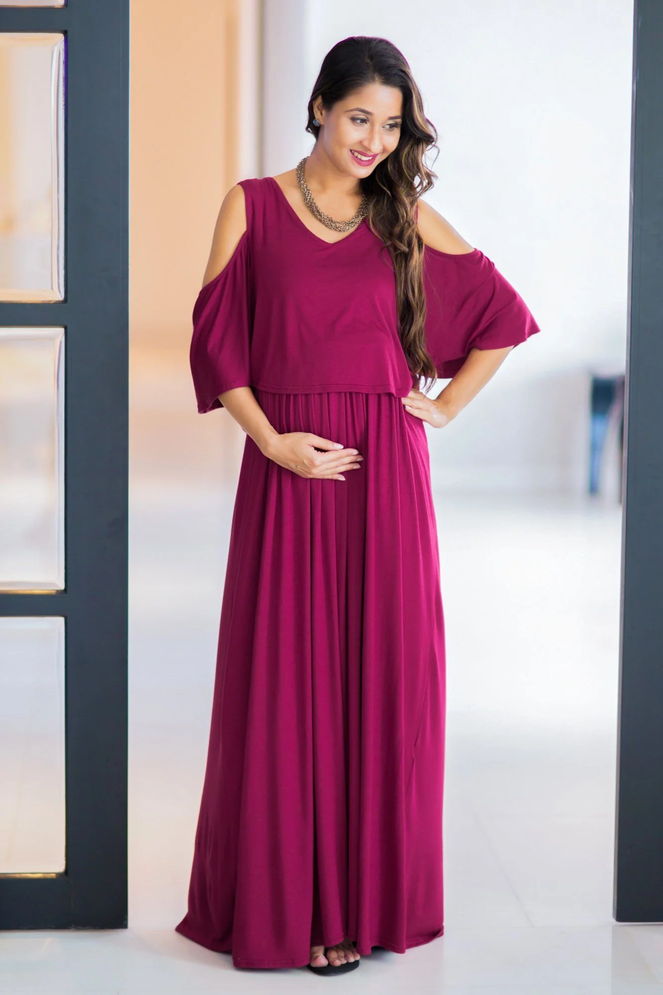 Sangria Cold Shoulder Maternity & Nursing Maxi Dress - Chenance