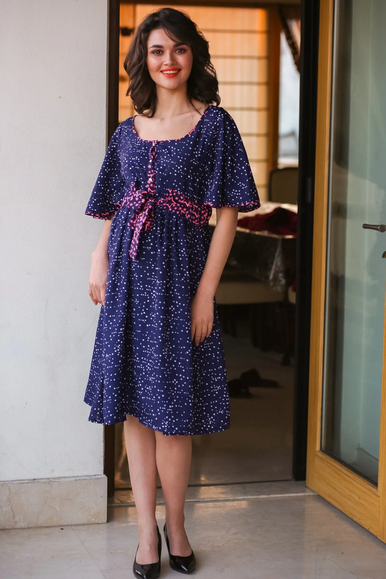 Blue Polka Front Button Maternity & Nursing Crepe Swing Dress - Chenance