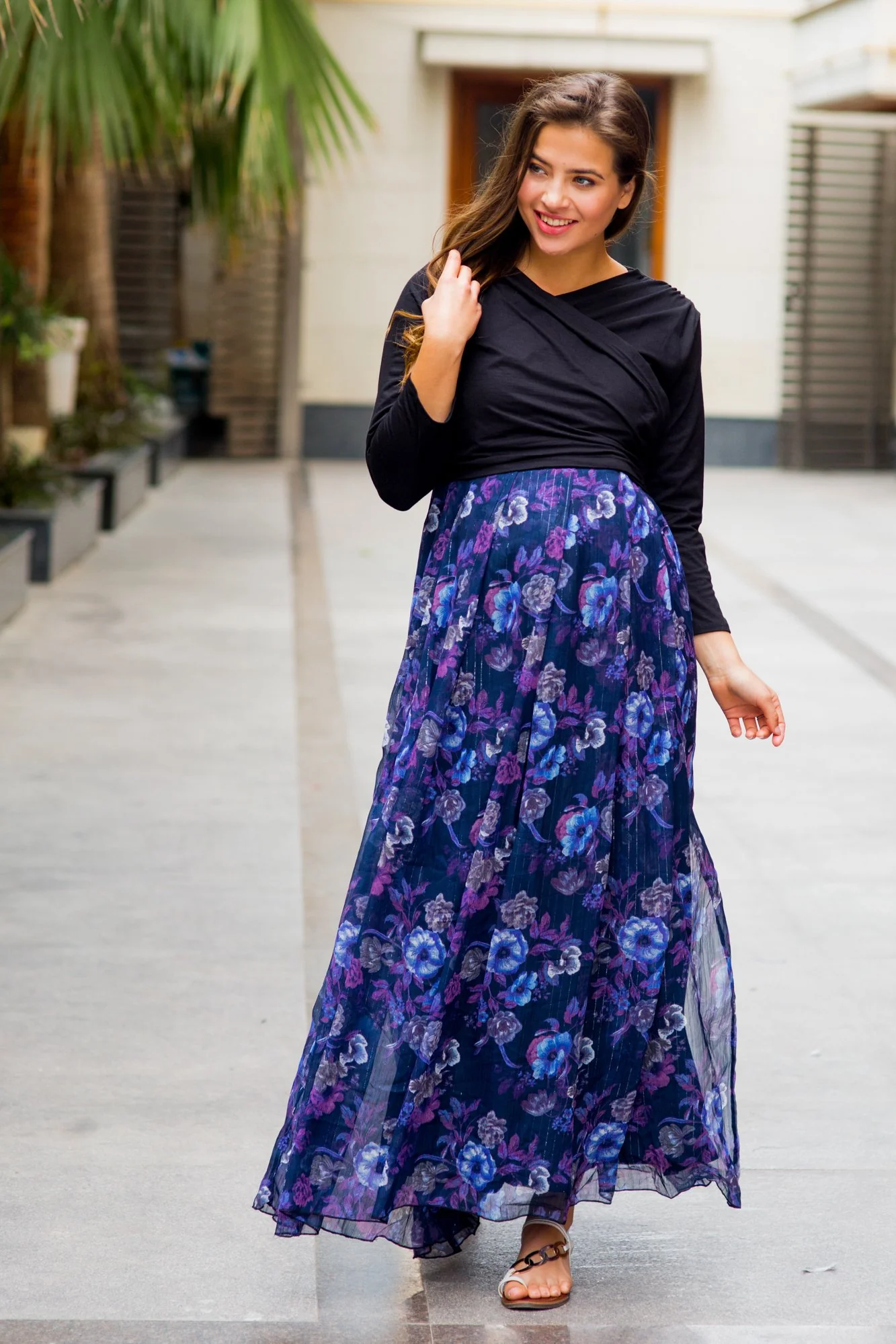 Luxe Violet Floral Chiffon Maternity & Nursing Wrap Dress - Chenance