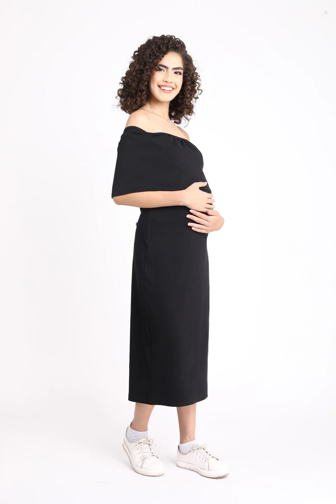 Glamorous Ribbed Black Maternity Bodycon Off-Shoulder Dress - Chenance
