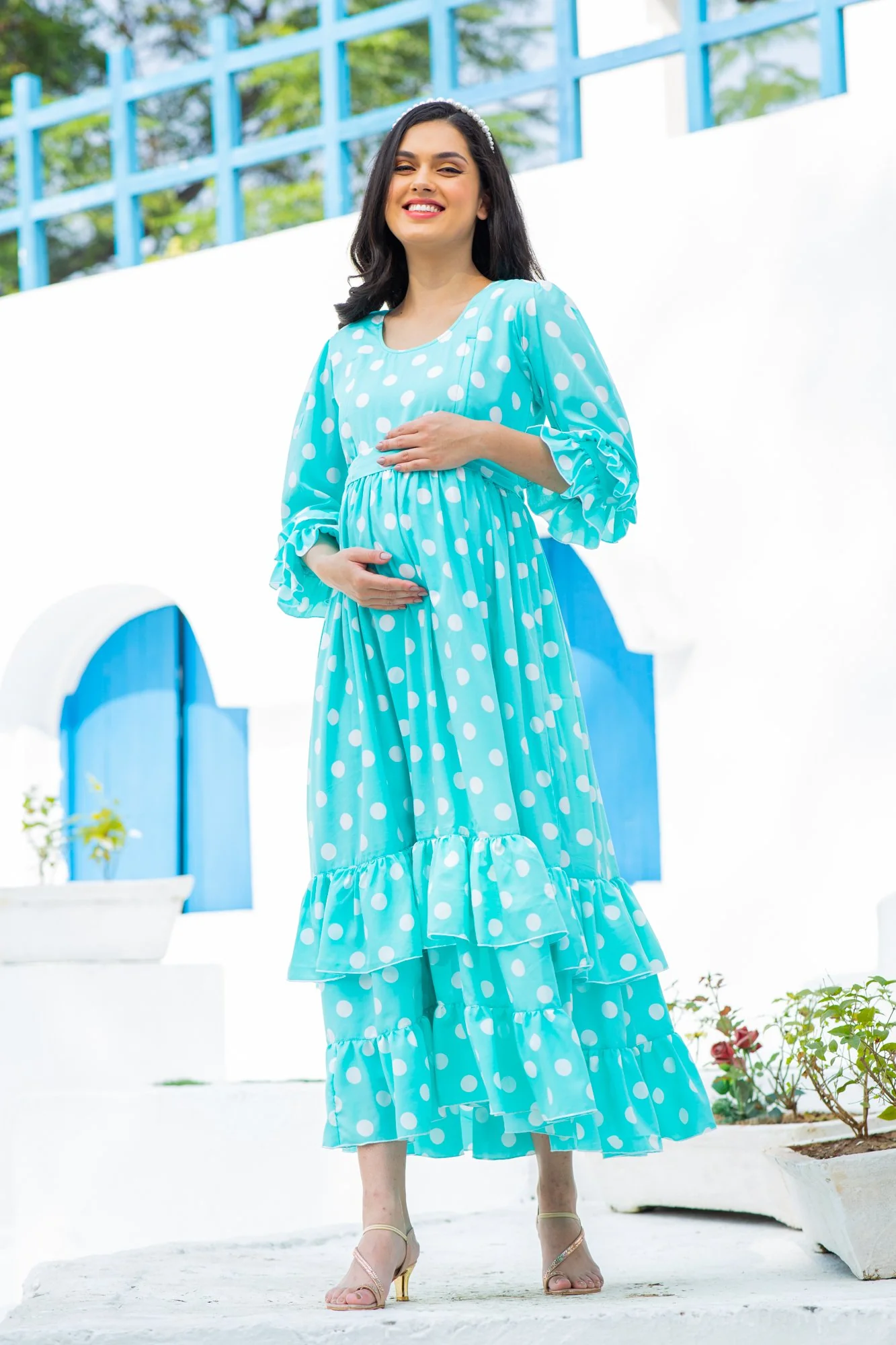 Classic Turquoise Polka Maternity & Nursing Frill Dress - Chenance