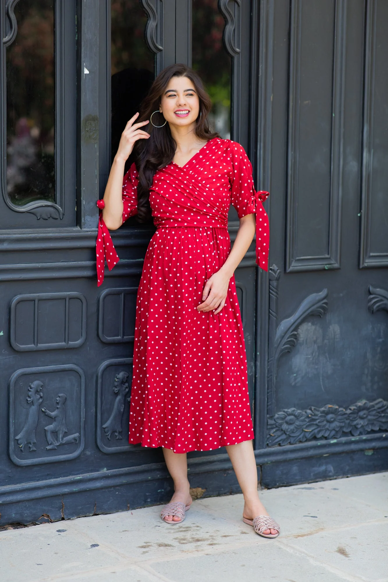 Paradise Cherry Dotted Maternity & Nursing Midi Wrap Dress - Chenance