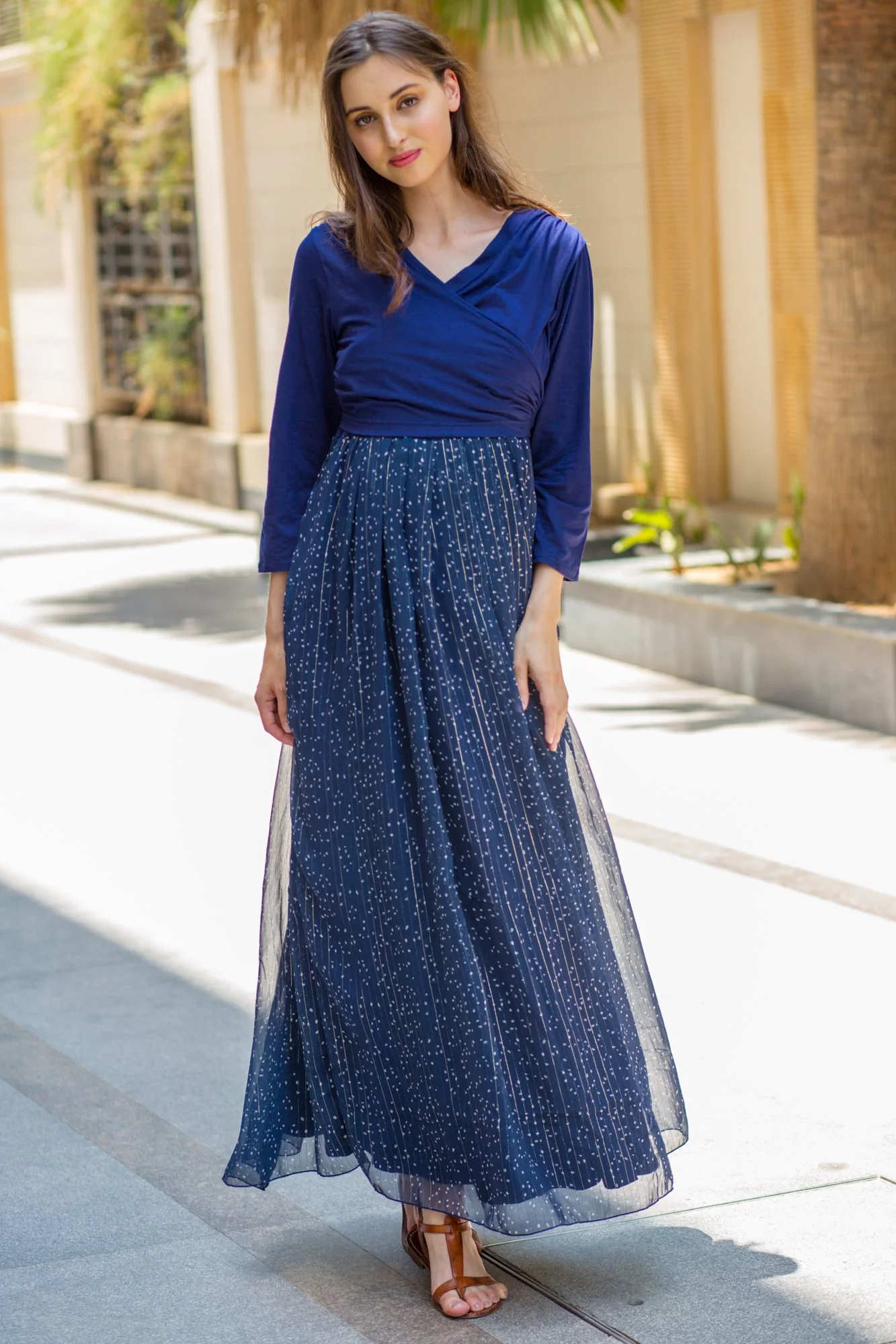 Luxe Blue Chiffon Navy Maternity & Nursing Wrap Dress - Chenance