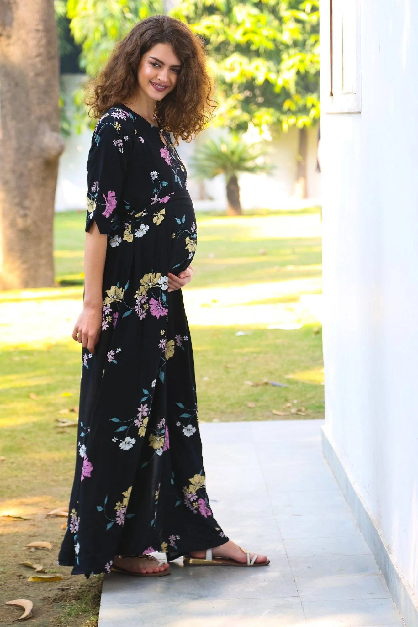 Paisley Side Slit Concealed Zips Maternity & Nursing Dress - Chenance