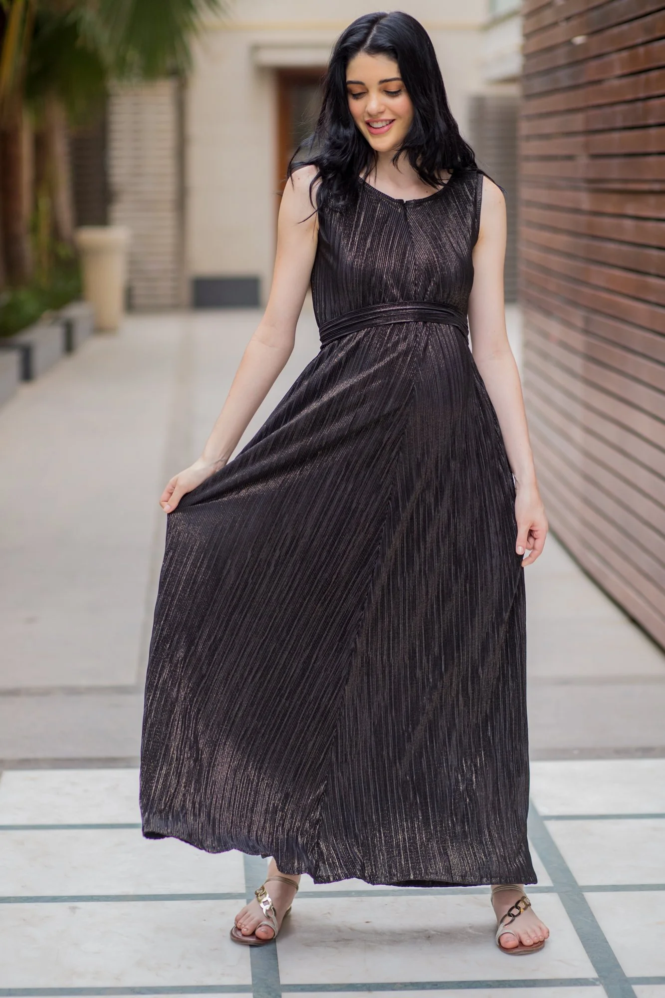 Exclusive Black Gold Pleated Maternity & Nursing Dress - Chenance