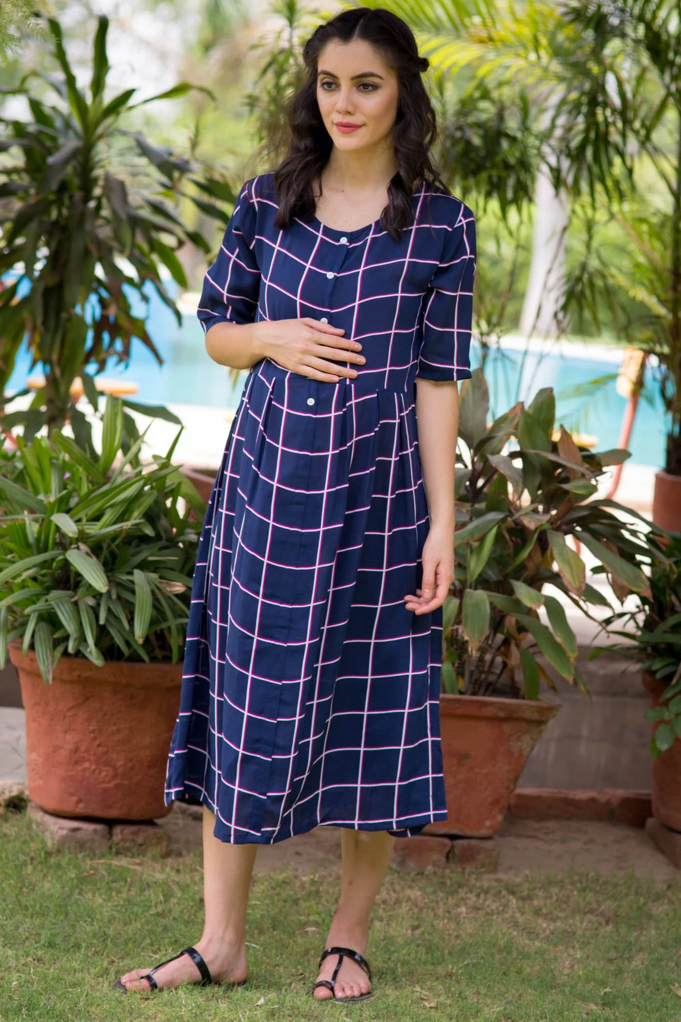 Navy Cotton Maternity and Nursing Dress - Chenance