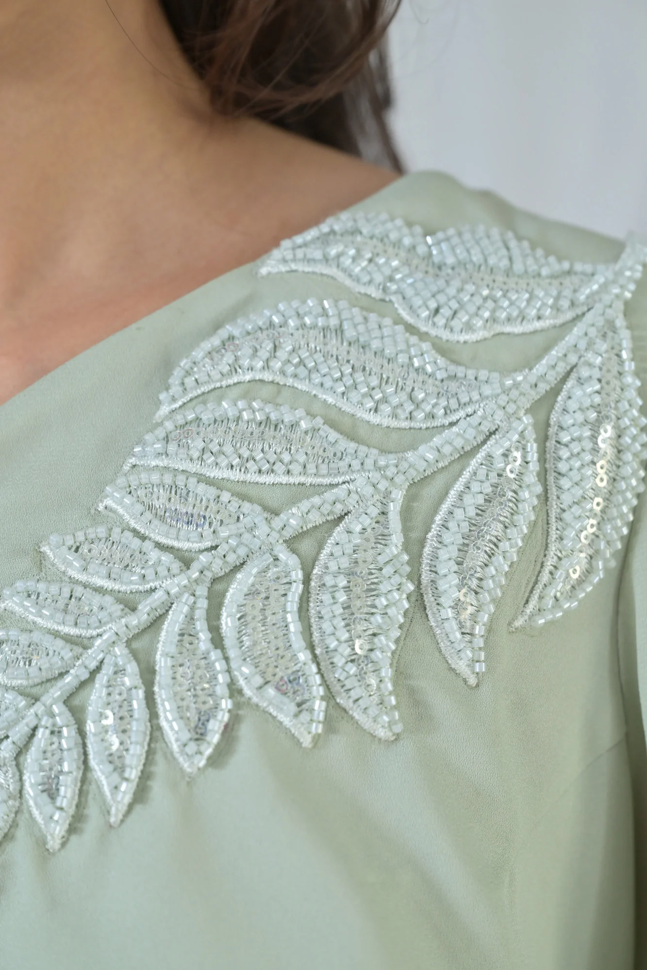 Luxe Sage Green Embroidered Maternity Satin Gown - Chenance