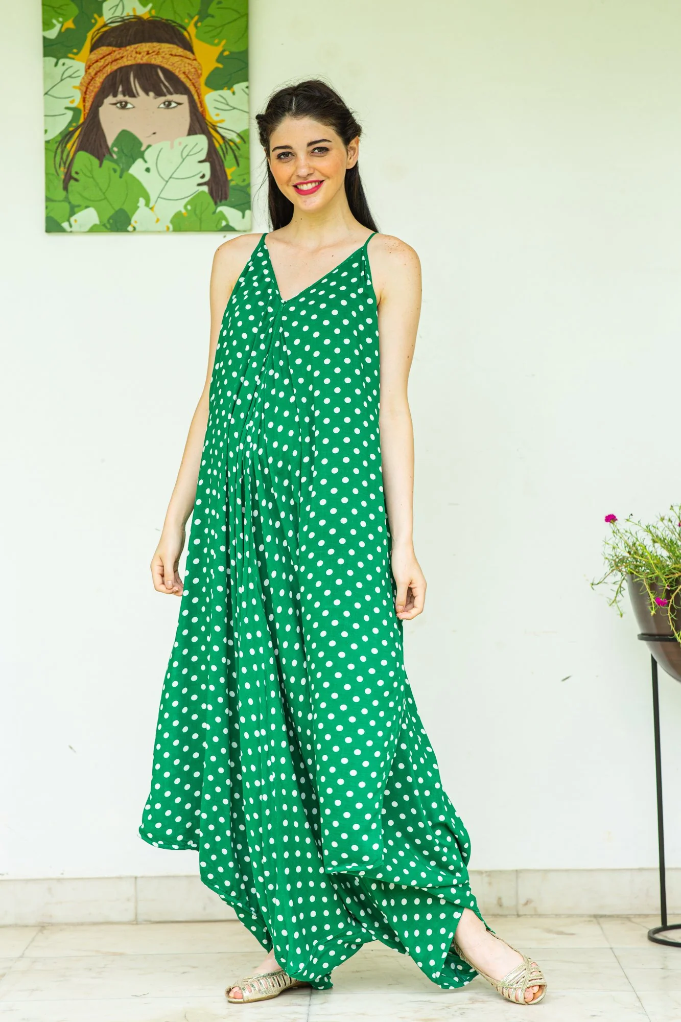 Set of 2 - Emerald Green Polka Cotton Maternity Jumpsuit with Cover Up - Chenance