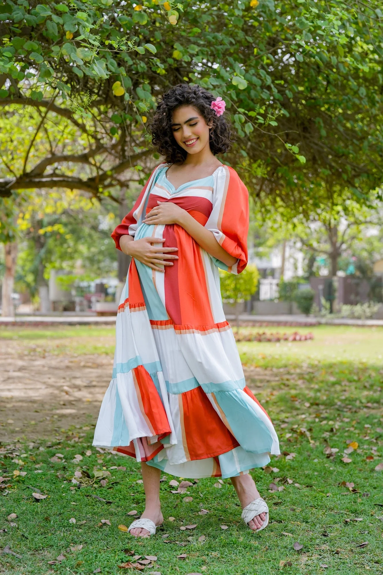 Cascading Retro Rust Ice Blue Striped Maternity Gathered Dress (100% Cotton) - Chenance