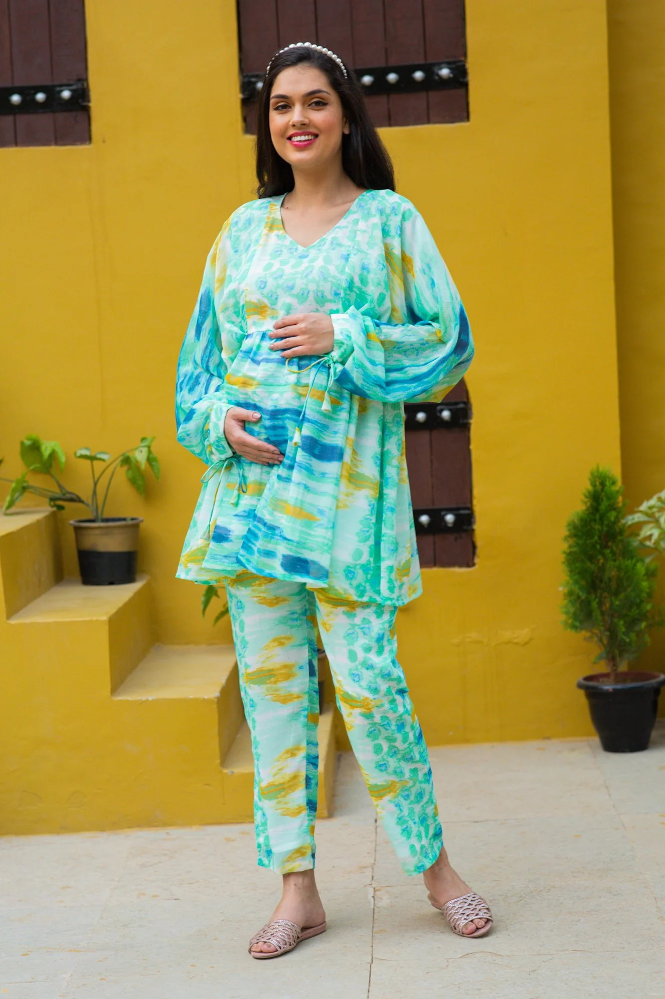 Luxe Aqua Tie & Dye Maternity & Nursing Lounge Coord Set (2 pc) - Chenance