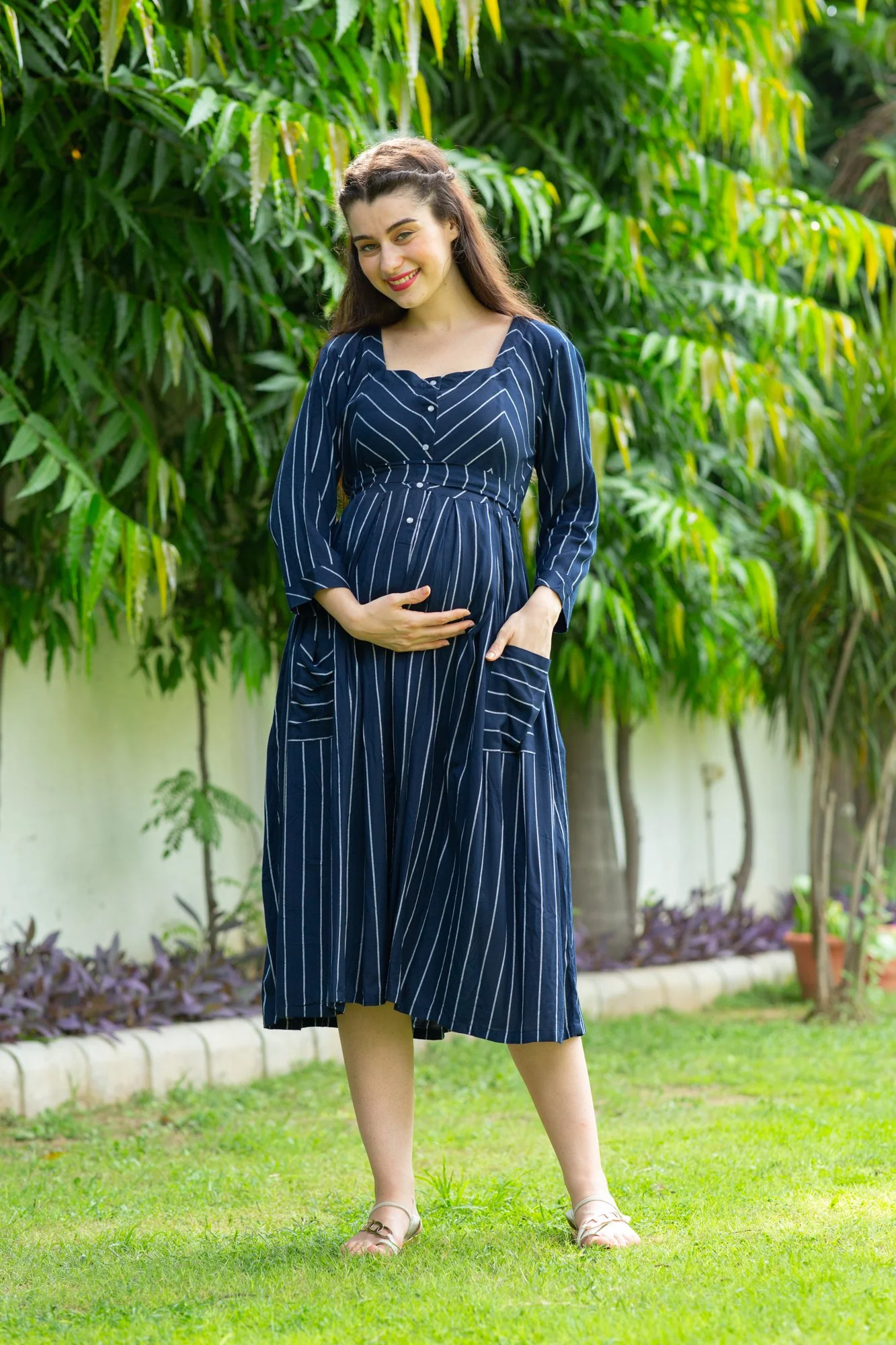 Ocean Striped Pocket Maternity & Nursing Dress - Chenance