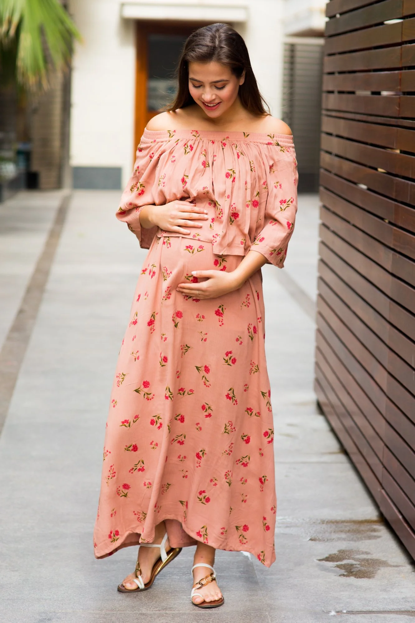 Honey Dew Blossom Off-Shoulder Maternity Maxi Dress - Chenance
