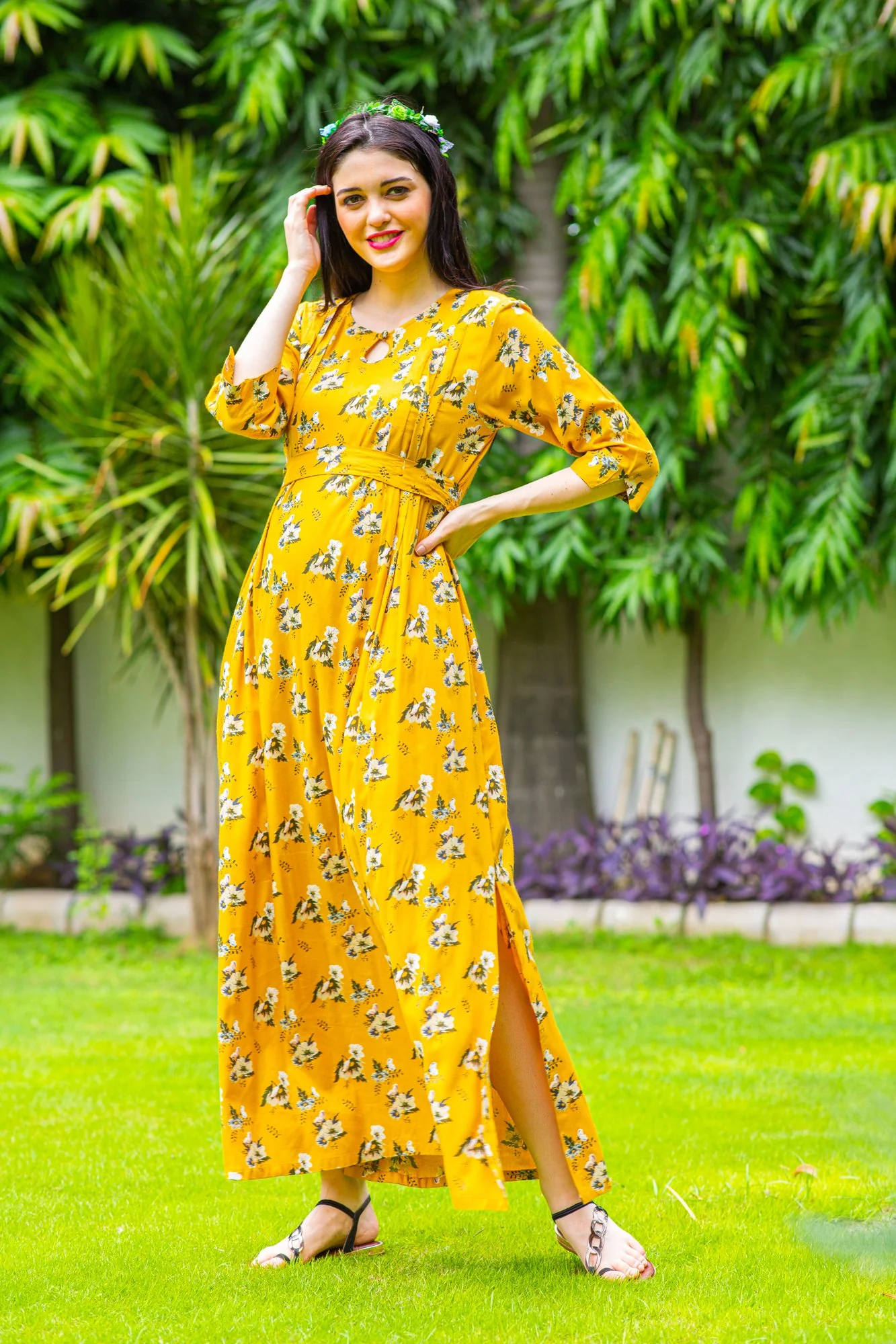 Marigold Pintucks Concealed Zips Maternity & Nursing Dress - Chenance