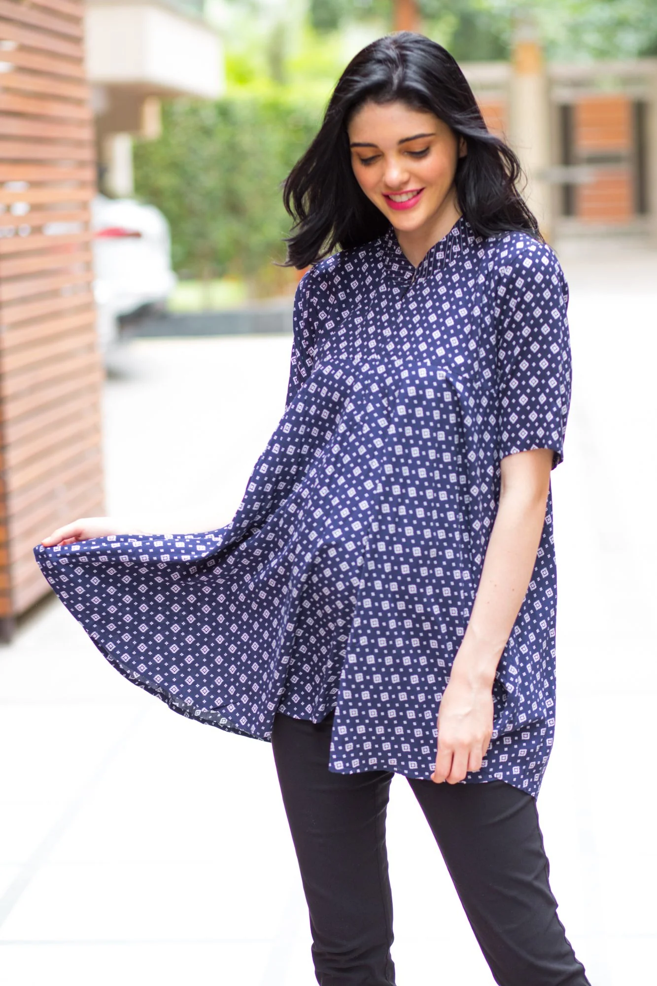 Navy Geo Flowing Maternity & Nursing Top - Chenance