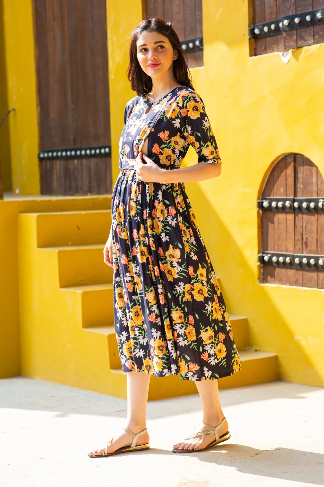 Twilight Floral Maternity & Nursing Concealed Zips Dress - Chenance