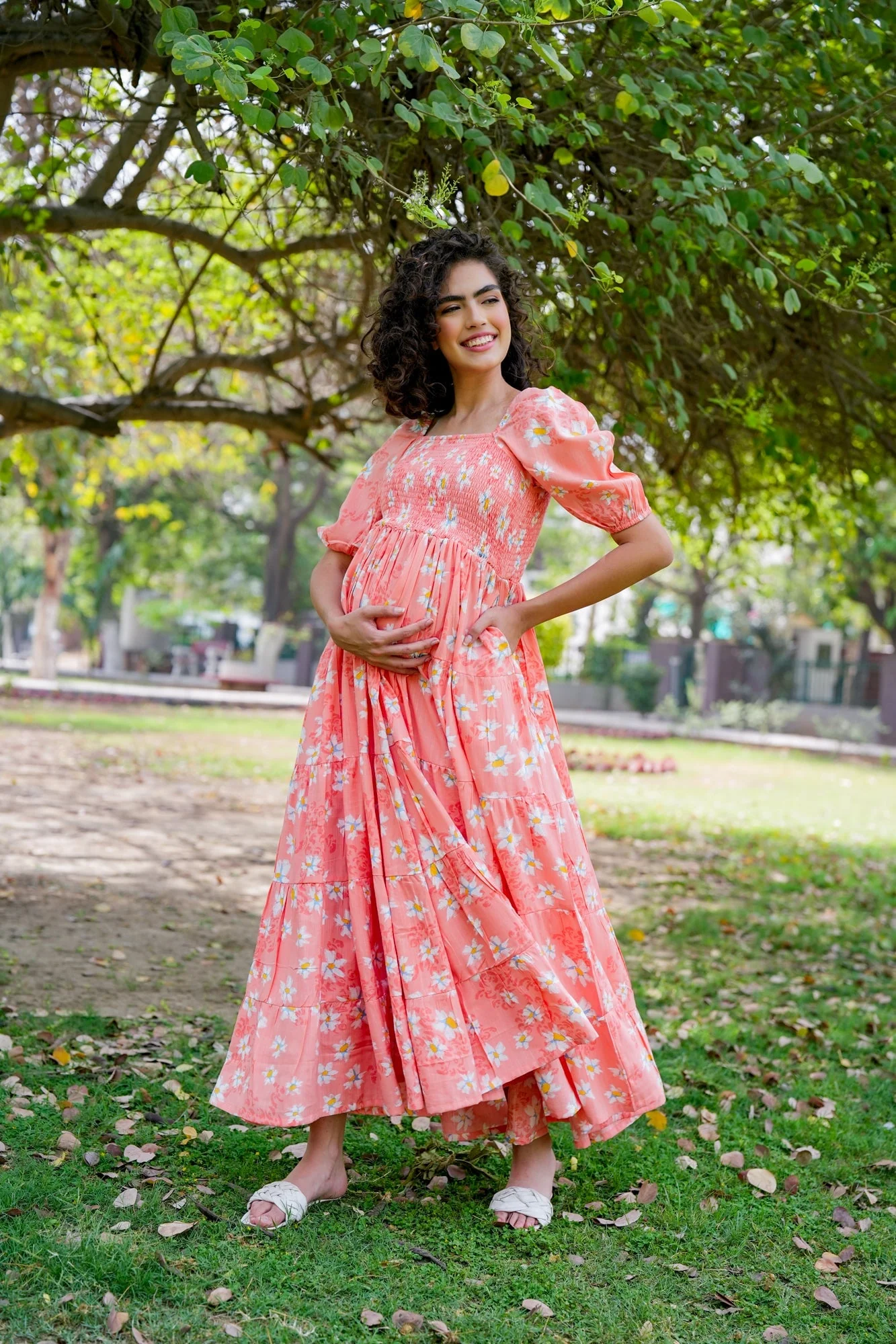 Graceful Apricot Floral Maternity Layered Dress (100% Cotton) - Chenance