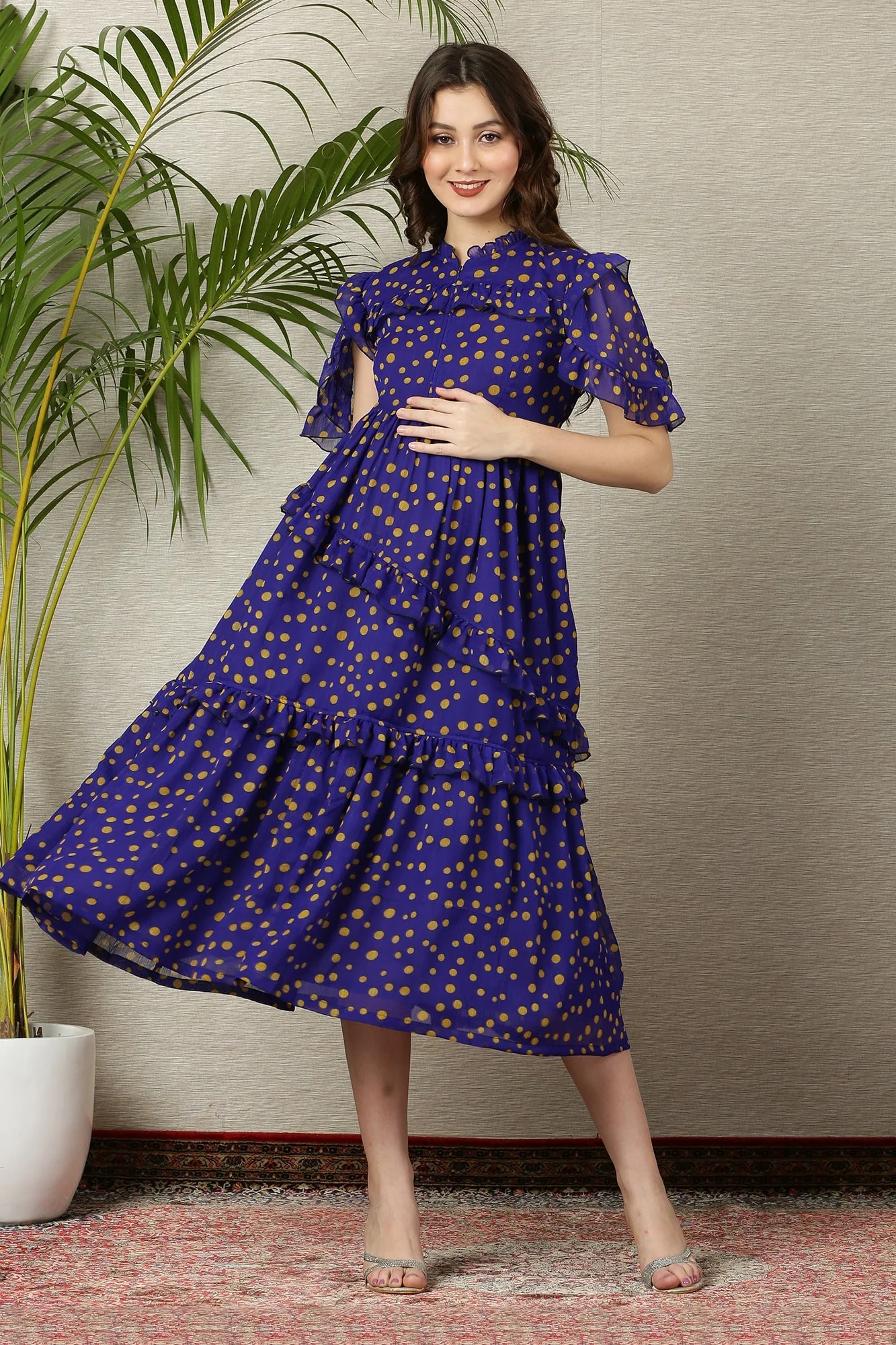 Cheery Polka Navy Blue Maternity & Nursing Frill Dress - Chenance