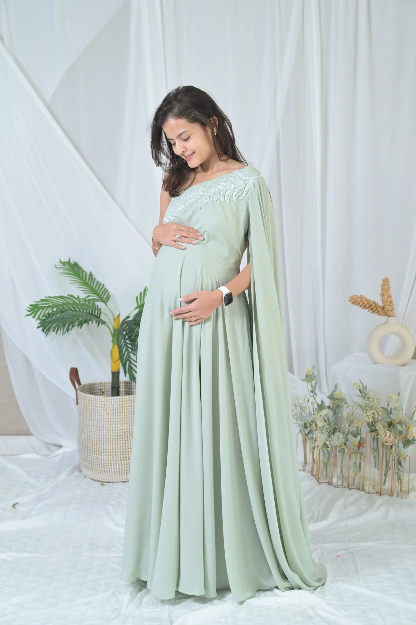 Luxe Sage Green Embroidered Maternity Satin Gown - Chenance