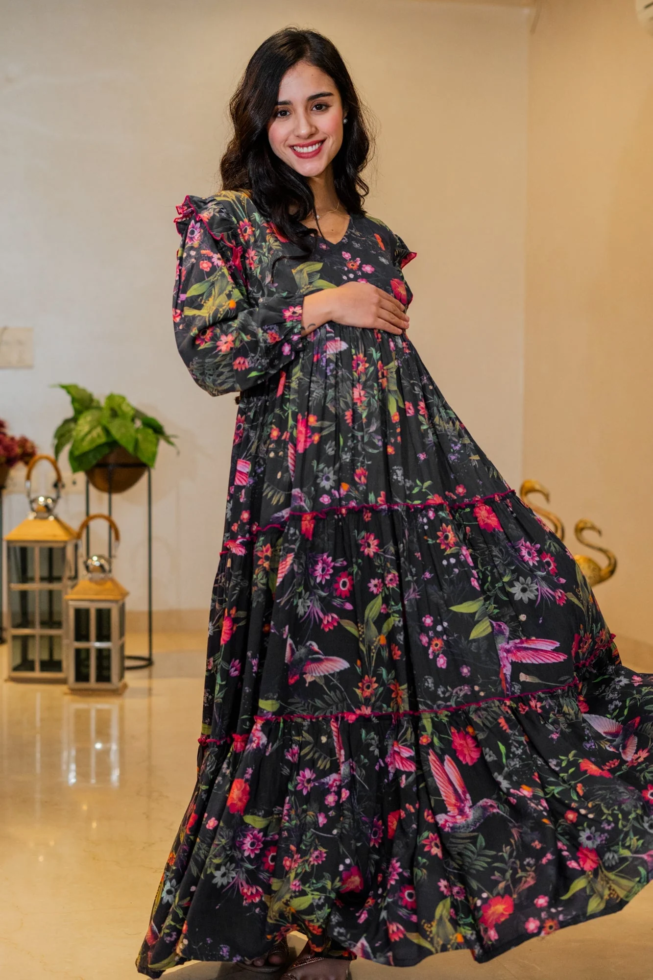 Serene Midnight Blooming Maternity & Nursing Layered Dress - Chenance