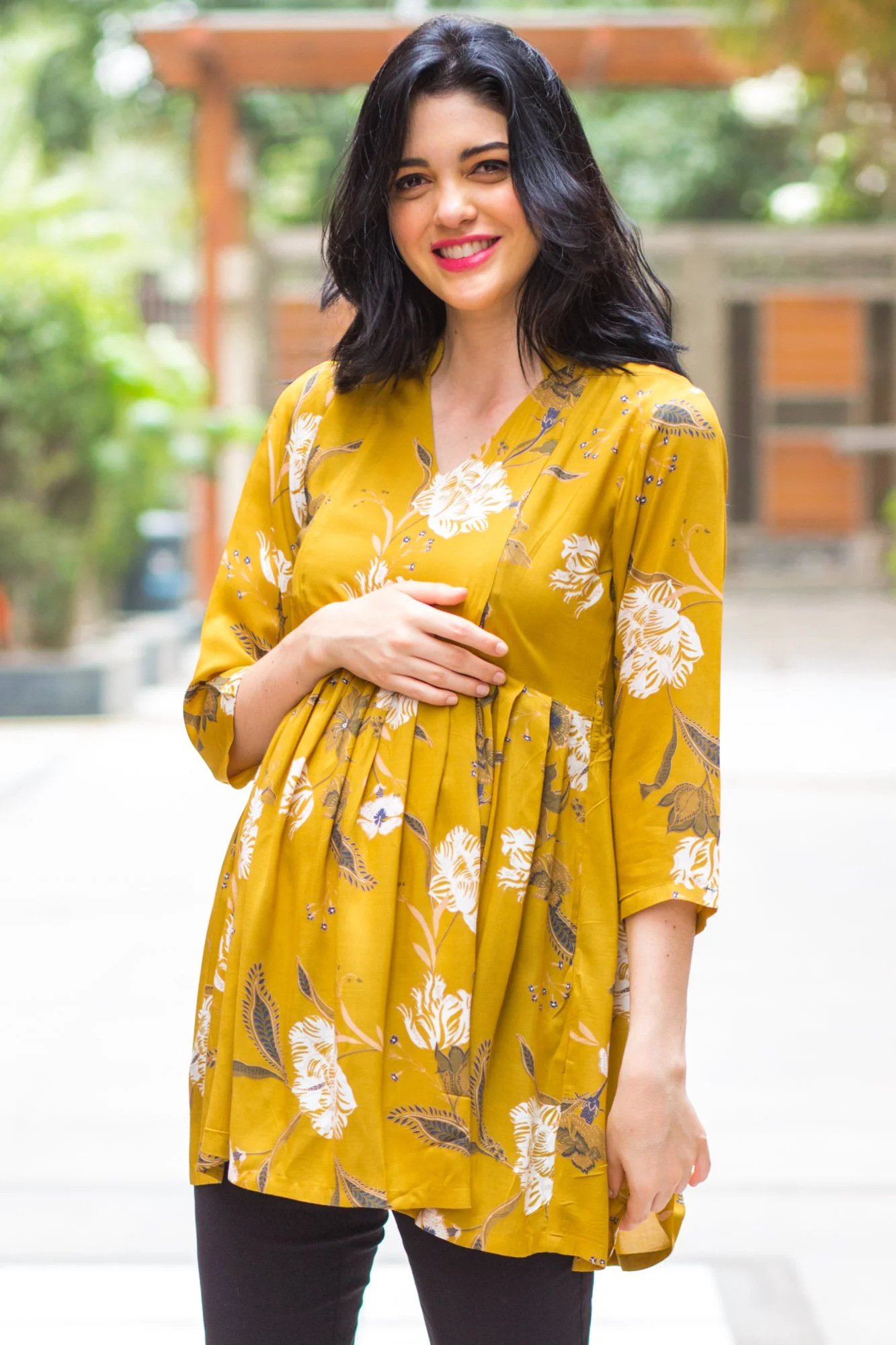 Mustard Yellow Leafy Maternity & Nursing Top - Chenance