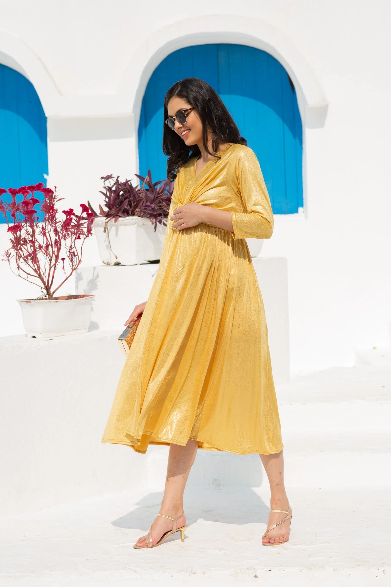 Luxe Royal Shimmer Gold Front Knot Lycra Maternity Dress - Chenance