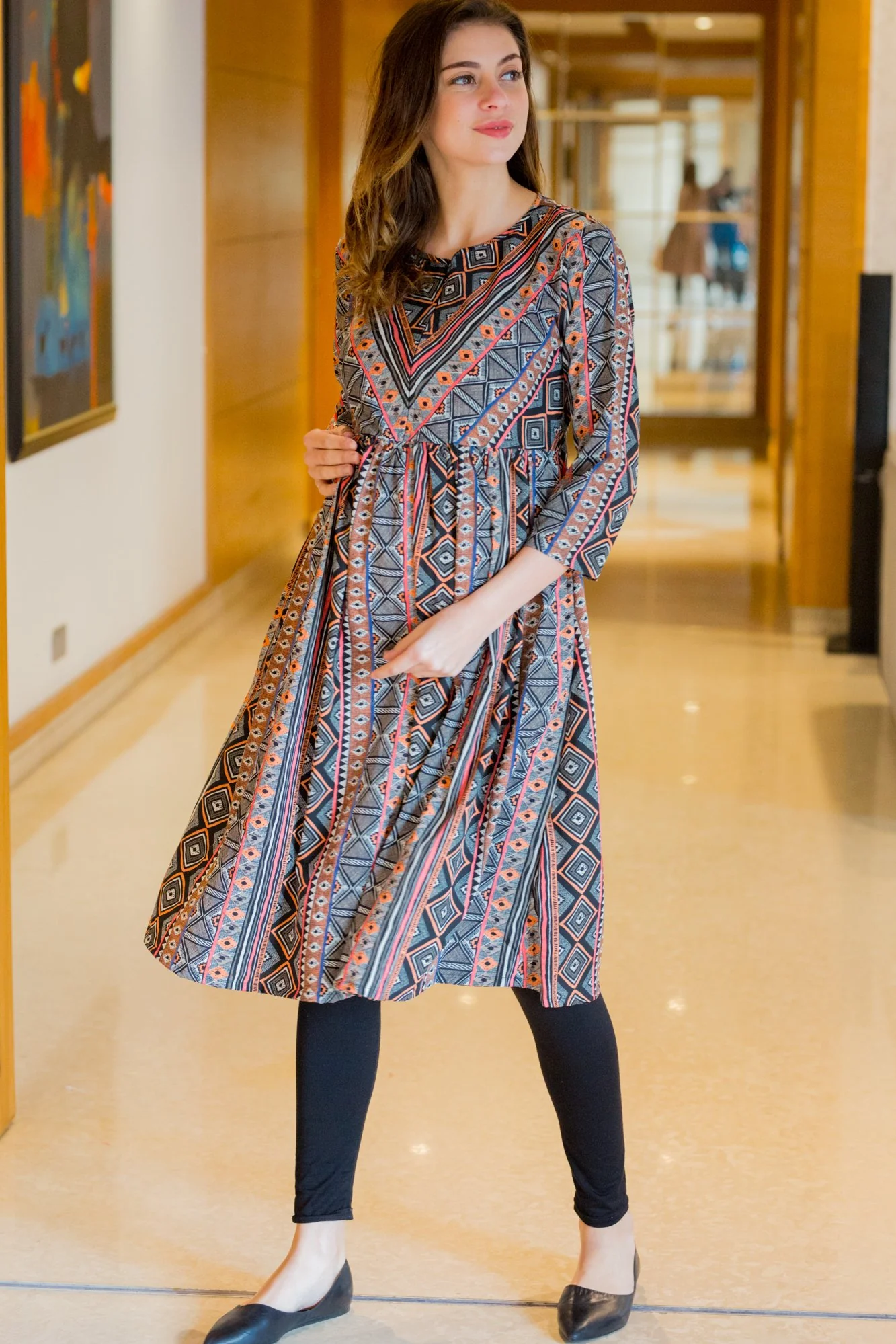 Aztec Striped Maternity & Nursing Dress - Chenance