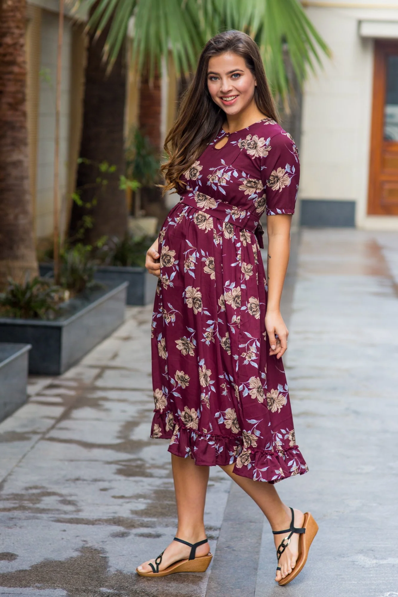 Burgandy Floral Frill Crepe Concealed Zips Maternity & Nursing Dress - Chenance