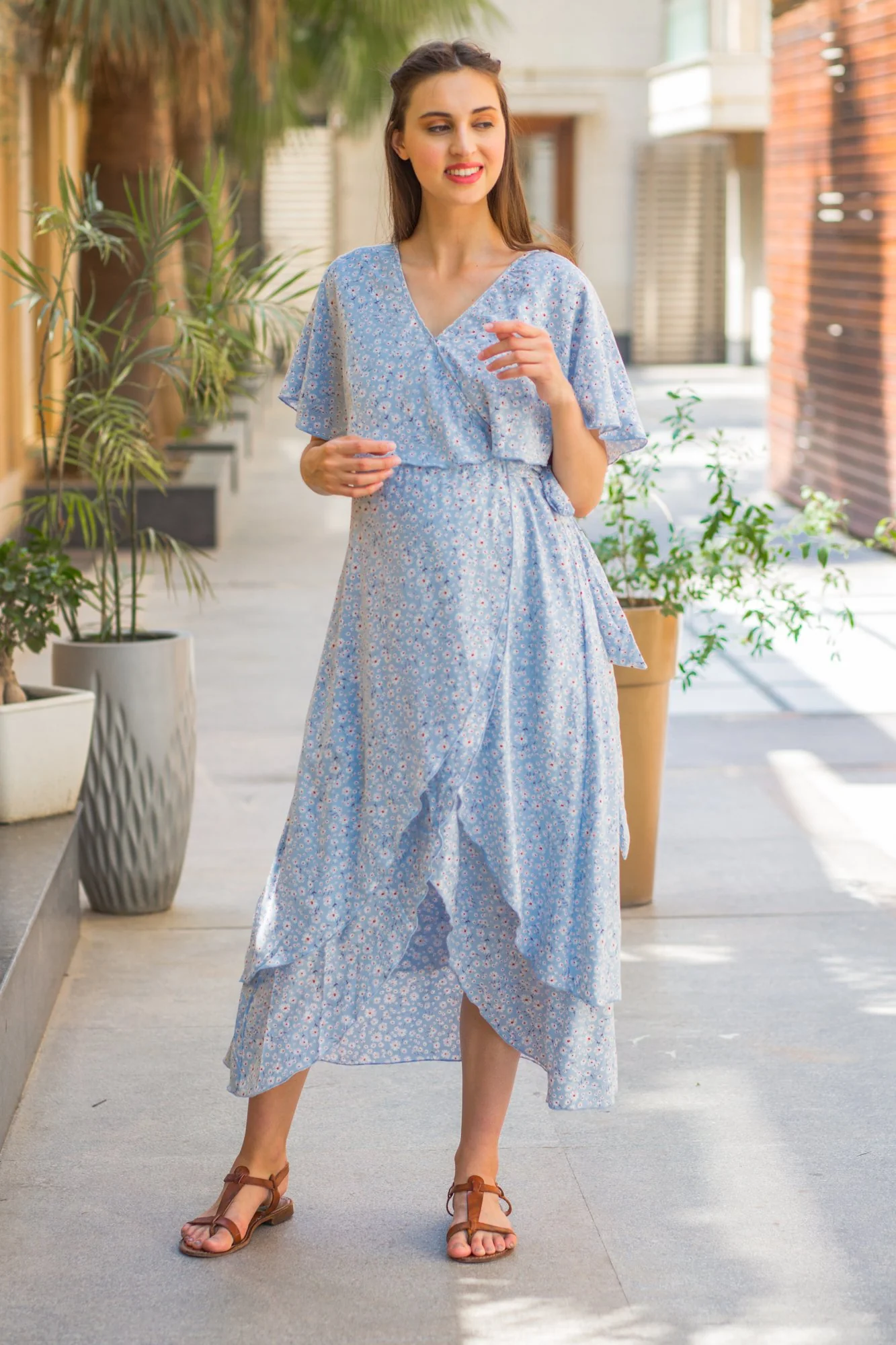 Pastel Blue Floral Maternity & Nursing Layer Dress - Chenance