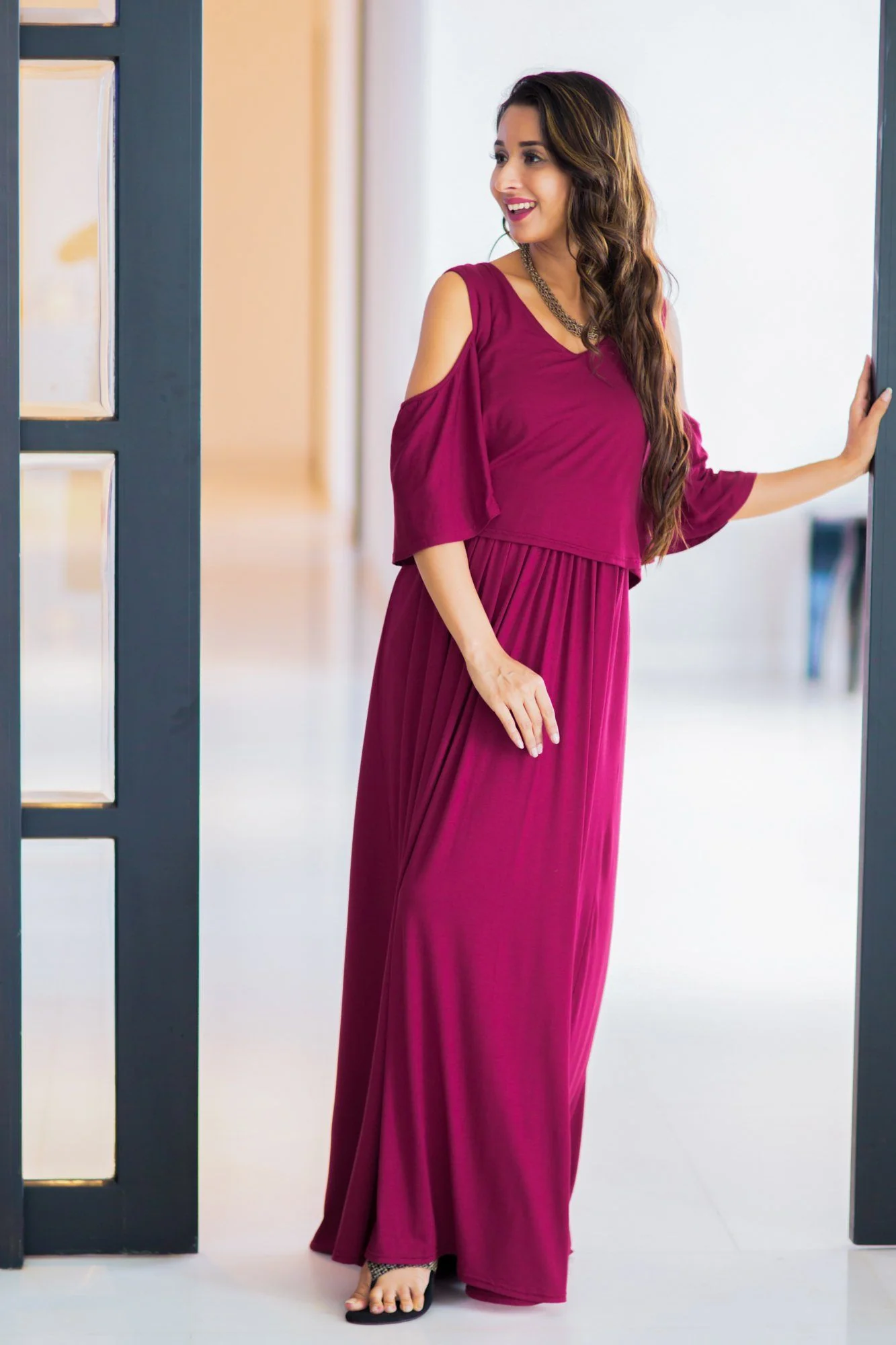 Sangria Cold Shoulder Maternity & Nursing Maxi Dress - Chenance