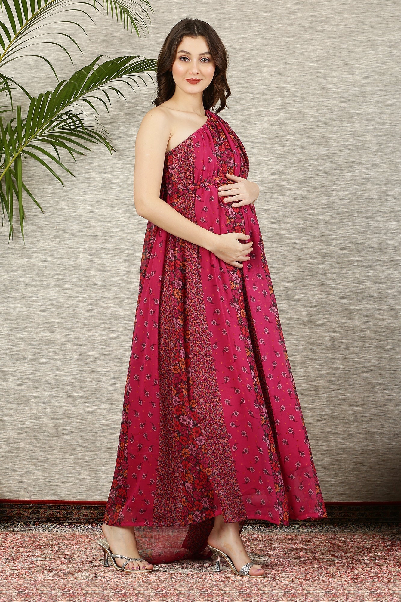 Luxe Fuchsia Blooming Bouquet One Shoulder Maternity & Nursing Gown - Chenance