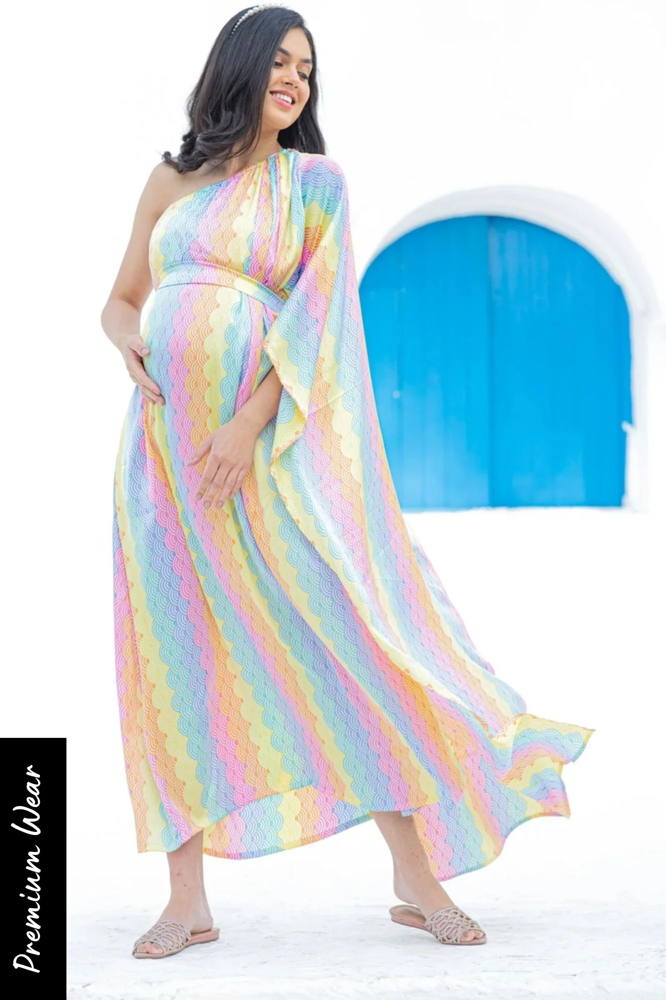 Luxe Rainbow One Shoulder Floral Maternity & Nursing Satin Dress - Chenance