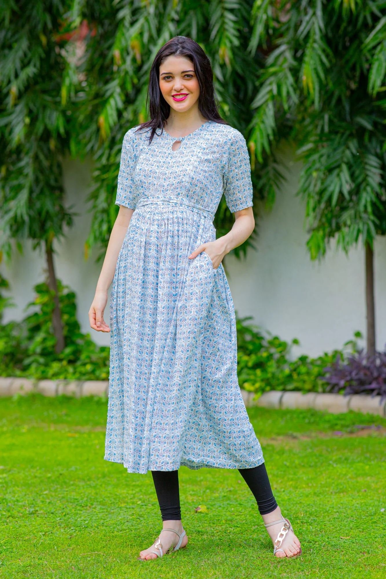 Chandelier White Concealed Zips Maternity & Nursing Kurta Dress - Chenance