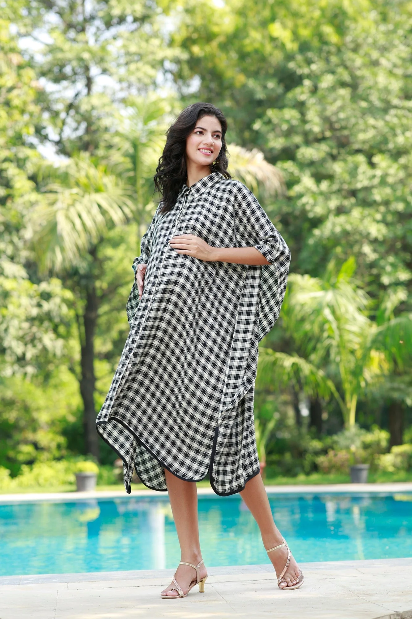 Forever Black & White Plaid Maternity & Nursing Kaftan Shirt Dress - Chenance