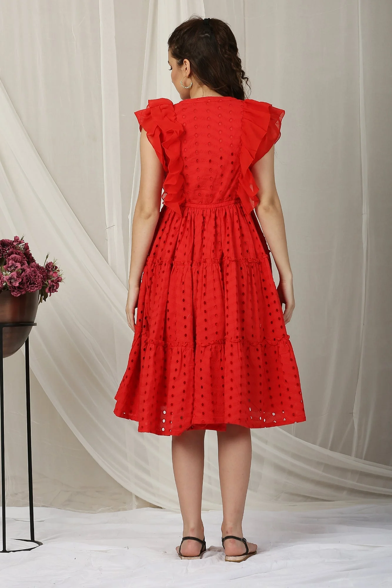 Retro Candy Red Maternity & Nursing Flowy Dress (100% Cotton) - Chenance